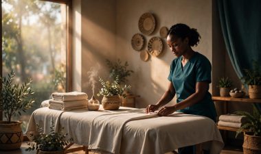Therapist preparing a massage table in a warm, tidy wellness studio.