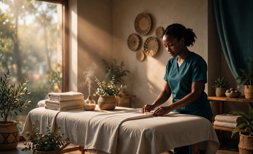 Therapist preparing a massage table in a warm, tidy wellness studio.