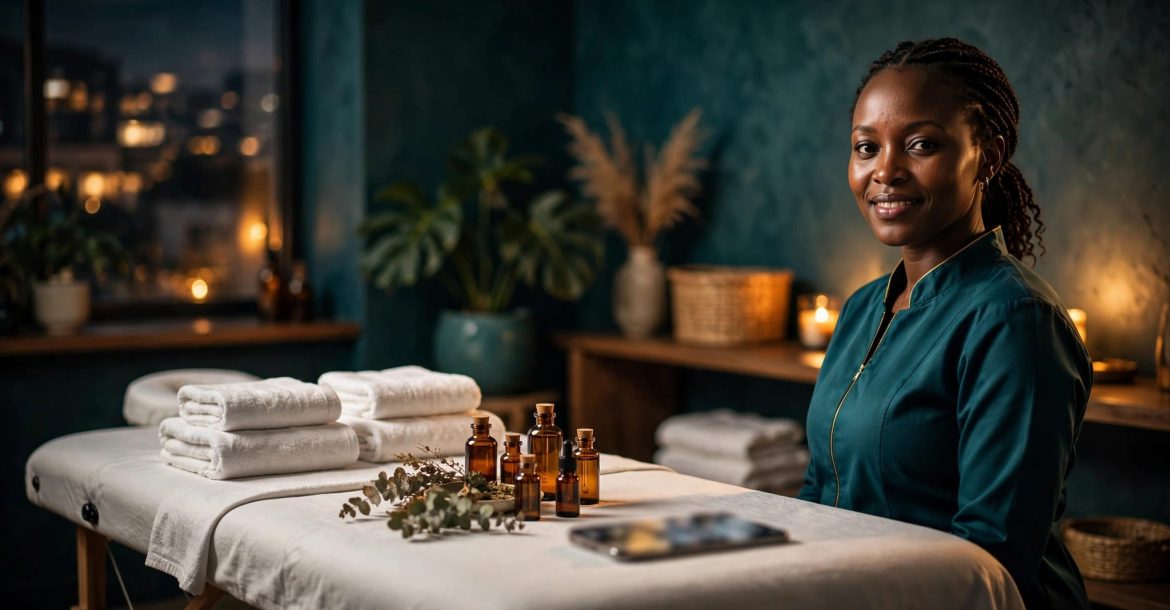 Therapist beside a massage table with towels, oils, and a phone.