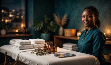 Therapist beside a massage table with towels, oils, and a phone.