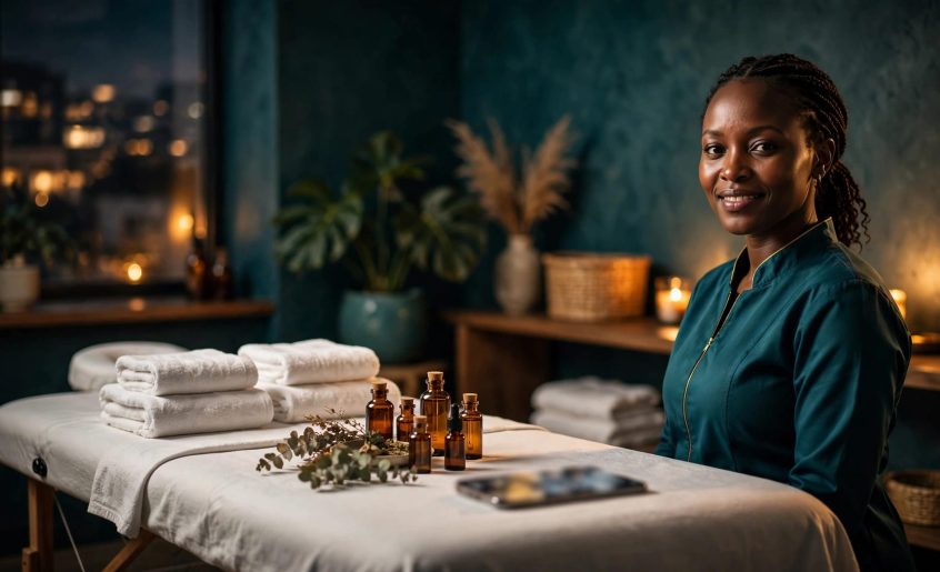 Therapist beside a massage table with towels, oils, and a phone.