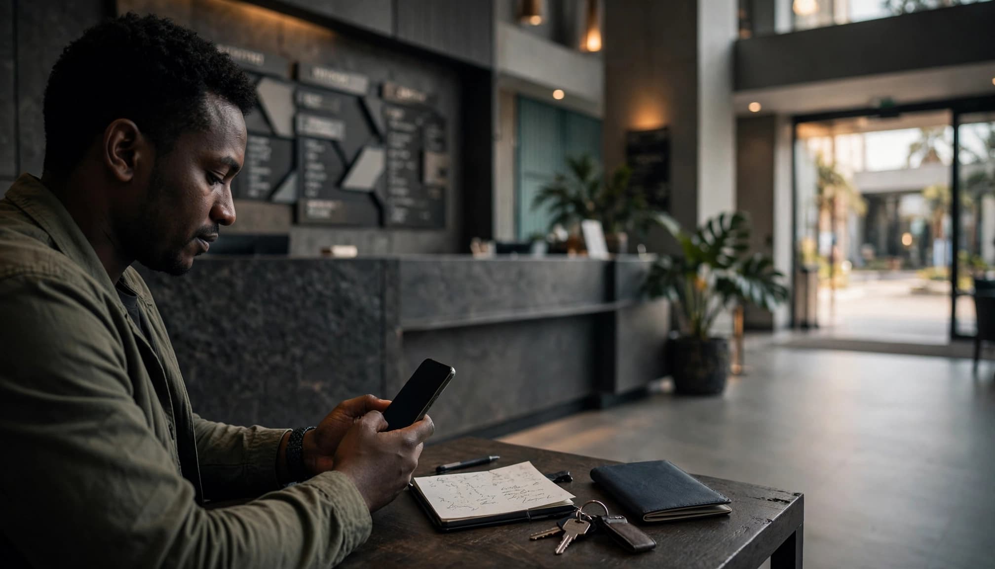 A traveler checks a phone and emergency notes beside a hotel reception desk.