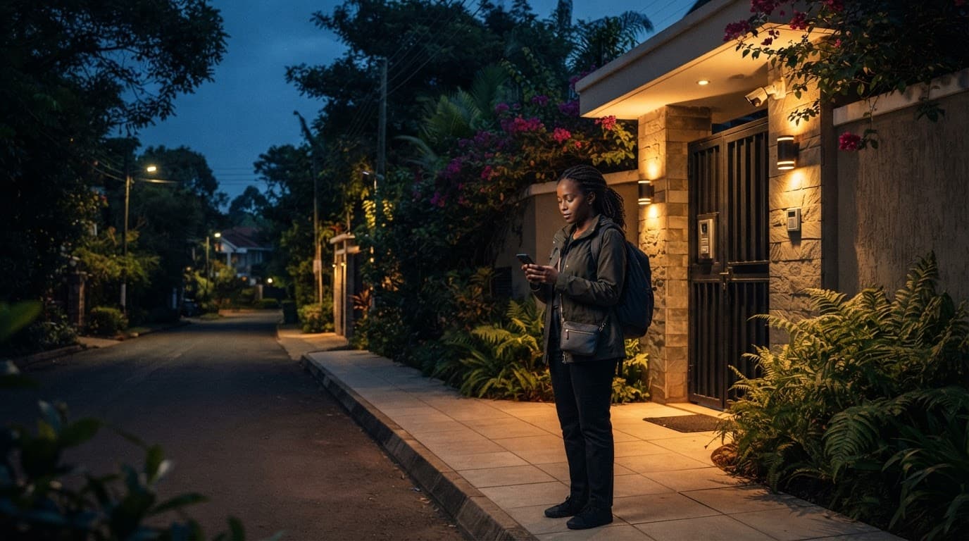 A traveler checks a phone outside a well-lit building entrance in Nairobi.