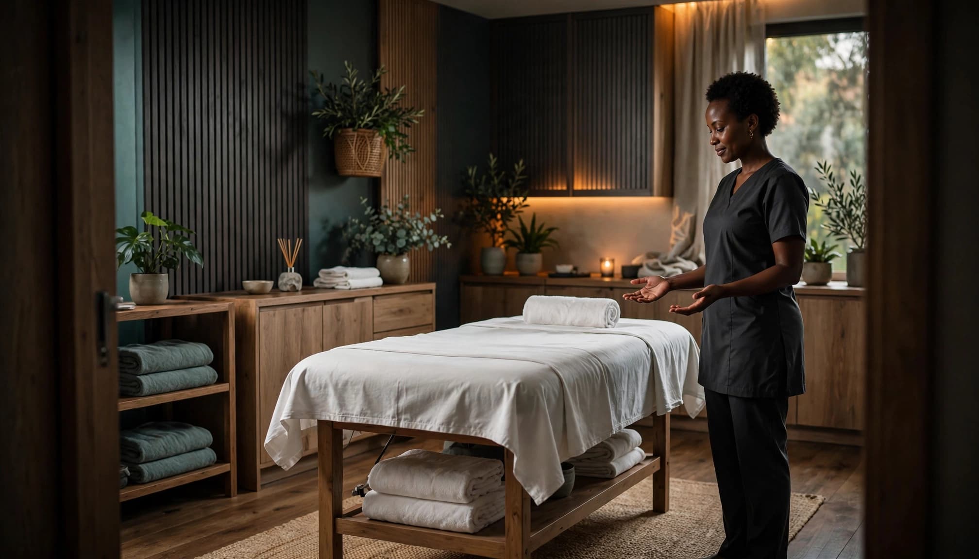 A Kenyan therapist stands beside a prepared massage table in a calm Nairobi spa.