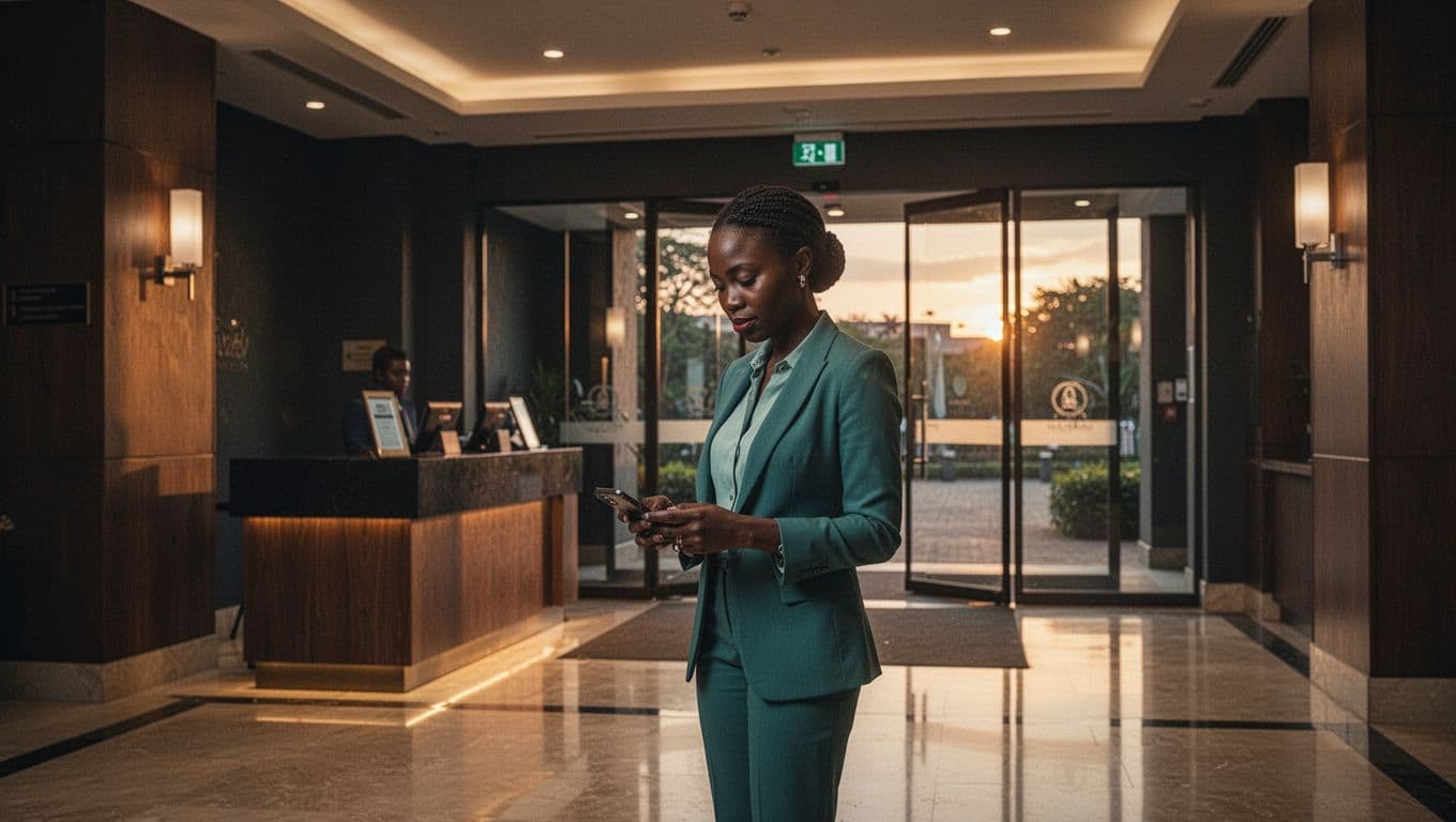 A woman checks her phone near a hotel entrance and visible security desk.