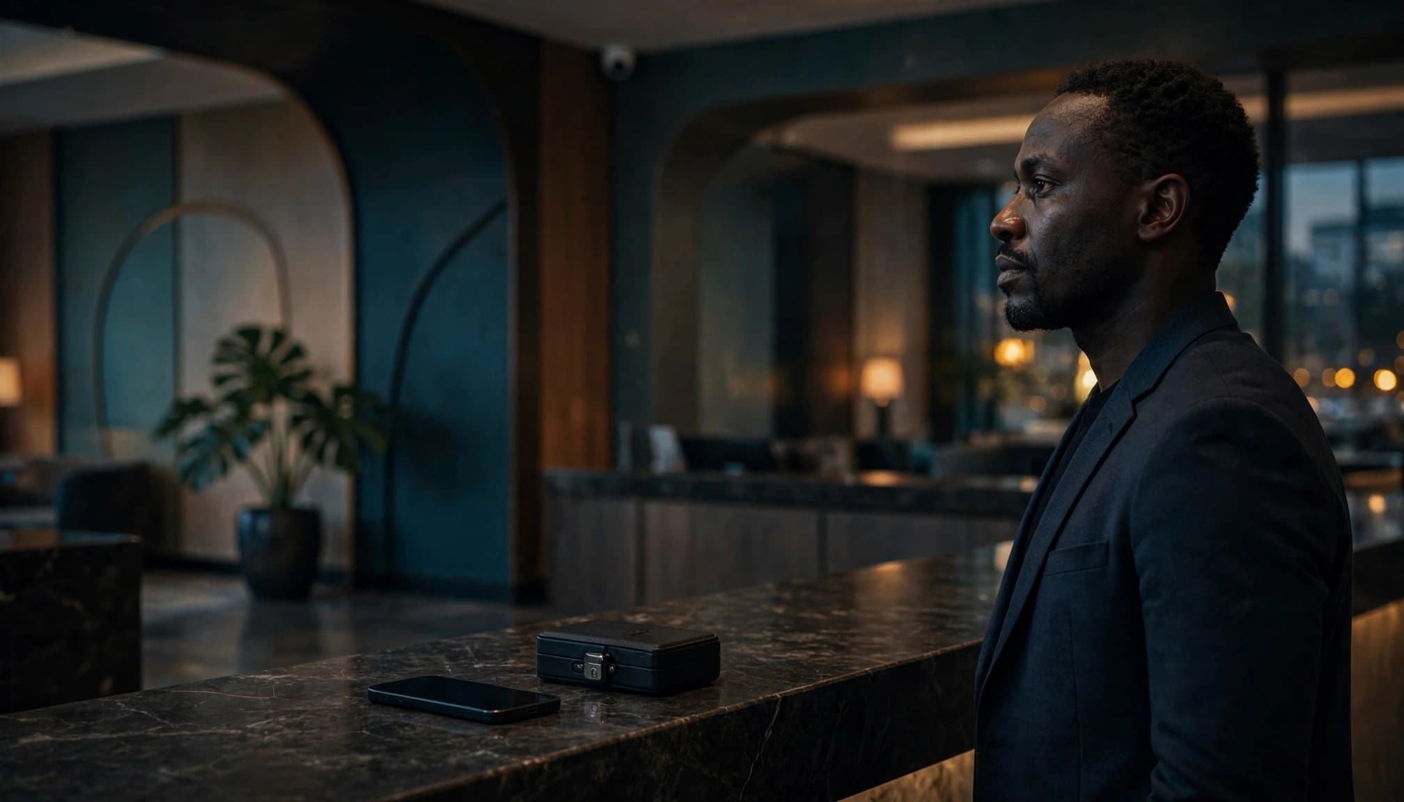 A man stands near a hotel desk beside a phone and locked document case.