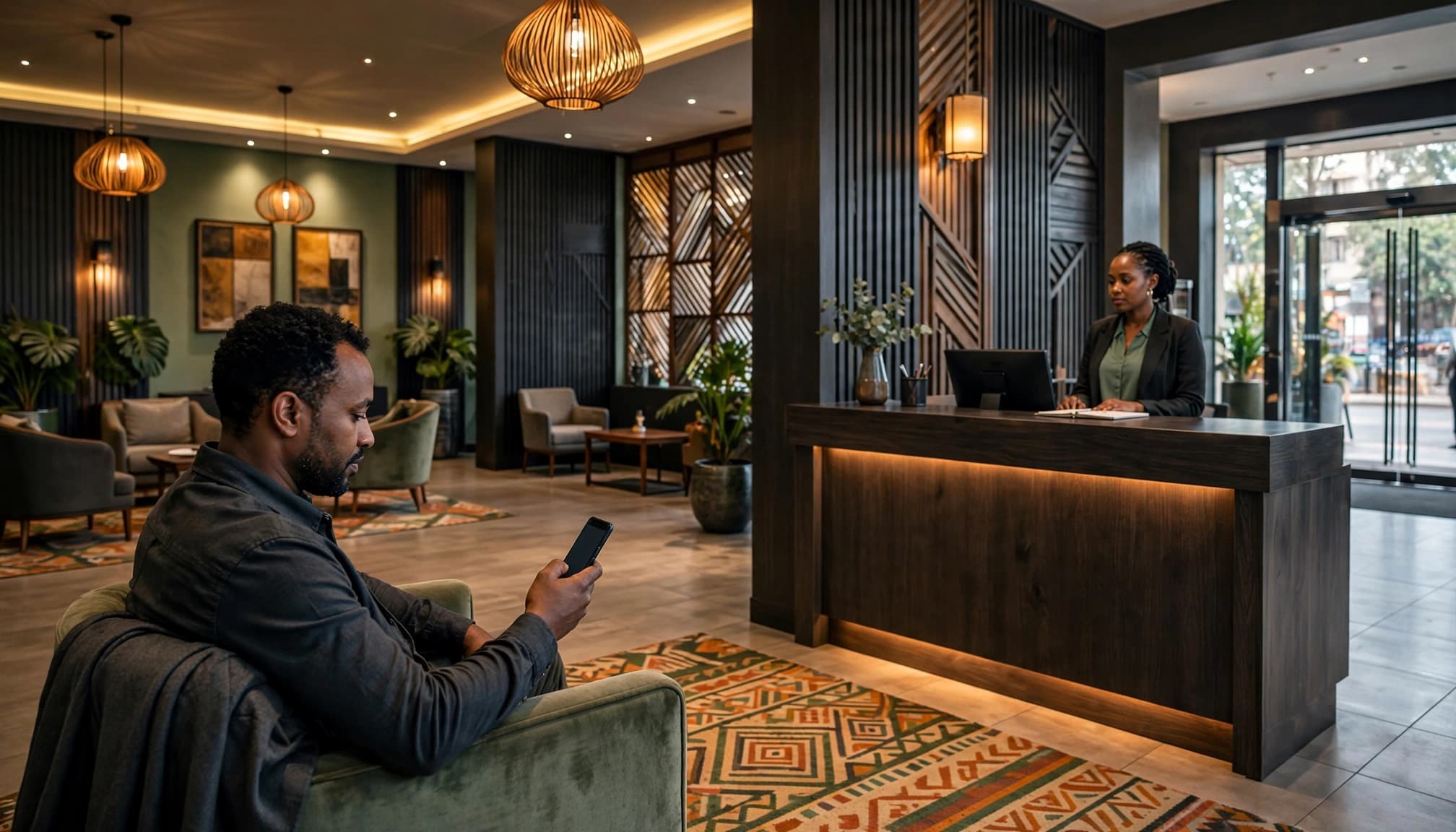 A client checks a phone while a receptionist stands behind a hotel lobby desk.
