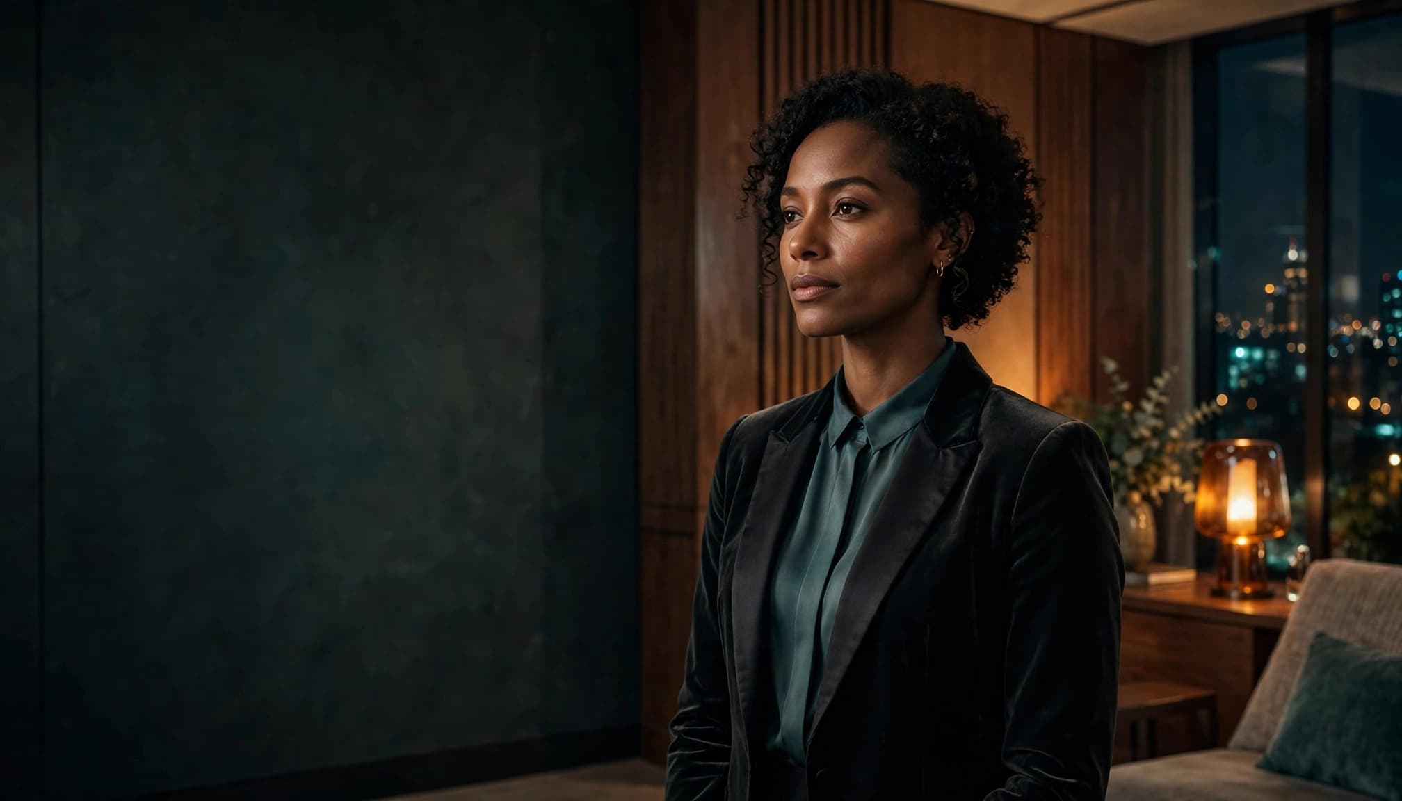 Woman in an elegant outfit standing in a warmly lit Nairobi lounge.