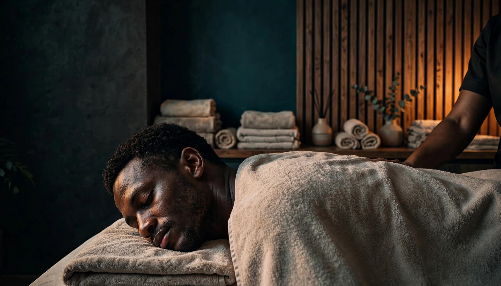 Draped man receiving a professional shoulder massage in a softly lit Nairobi spa room.