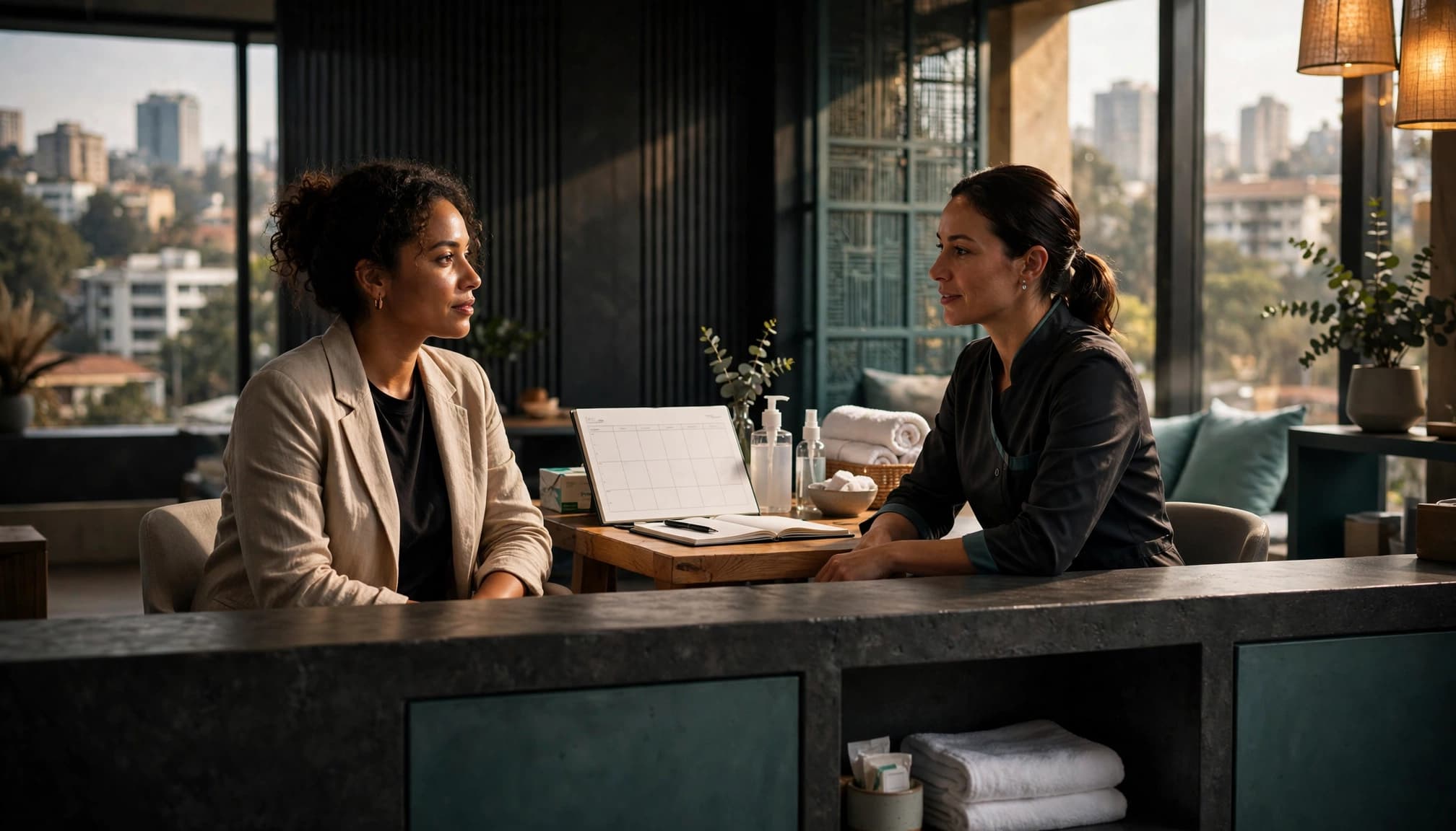 A client and therapist discuss an appointment at a modern Nairobi spa reception.