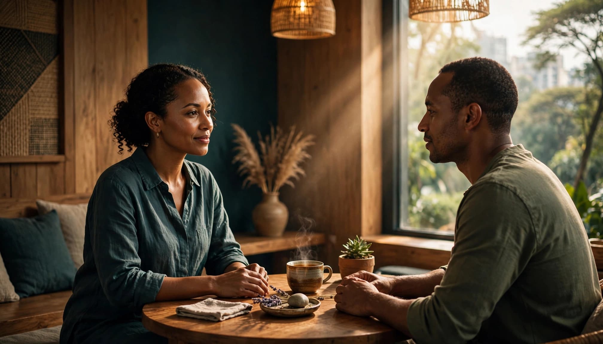 A woman wellness professional speaks with a male visitor across a small table in a warmly lit spa.