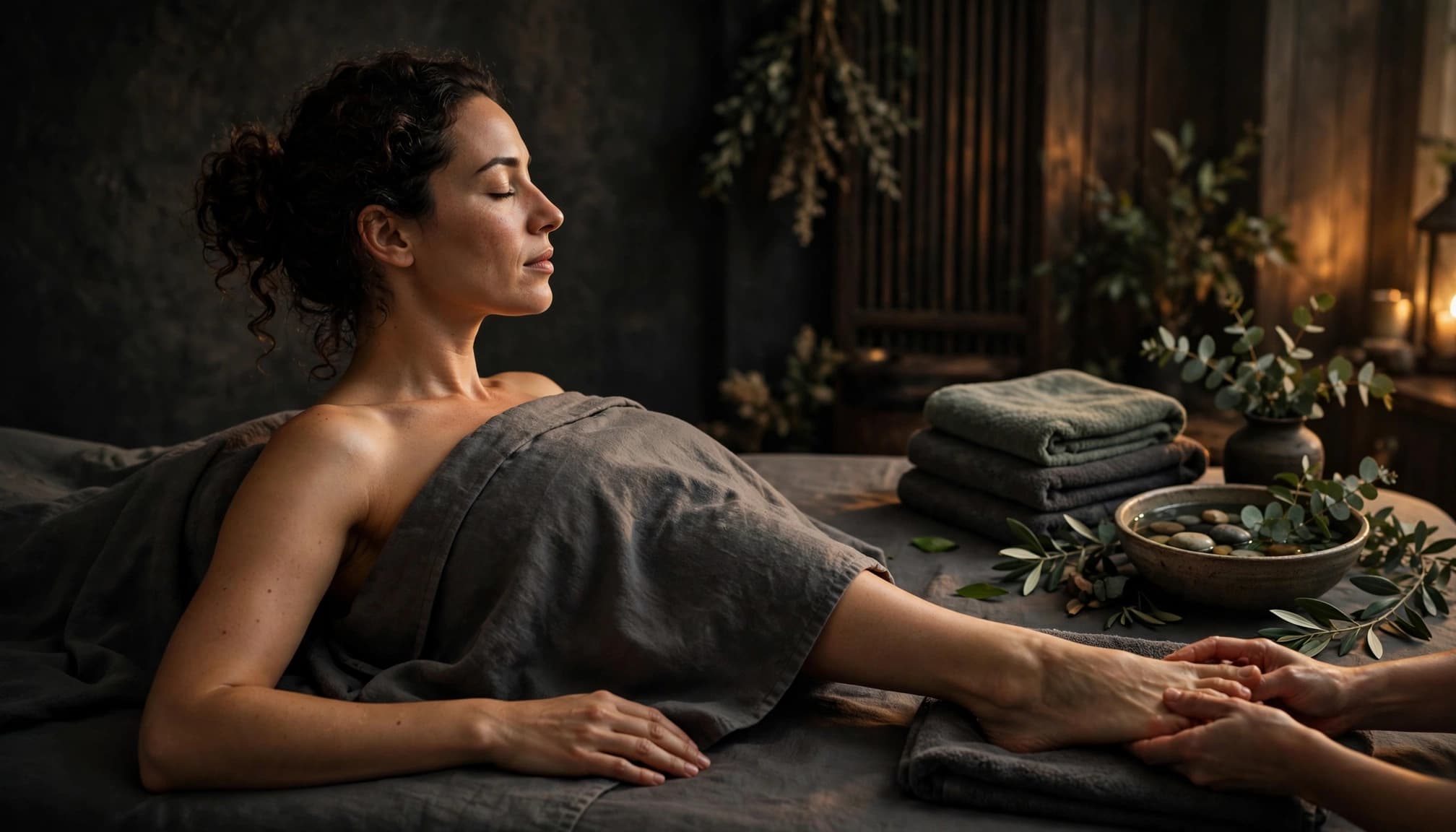 Woman receiving a professional foot massage in a quiet spa room.