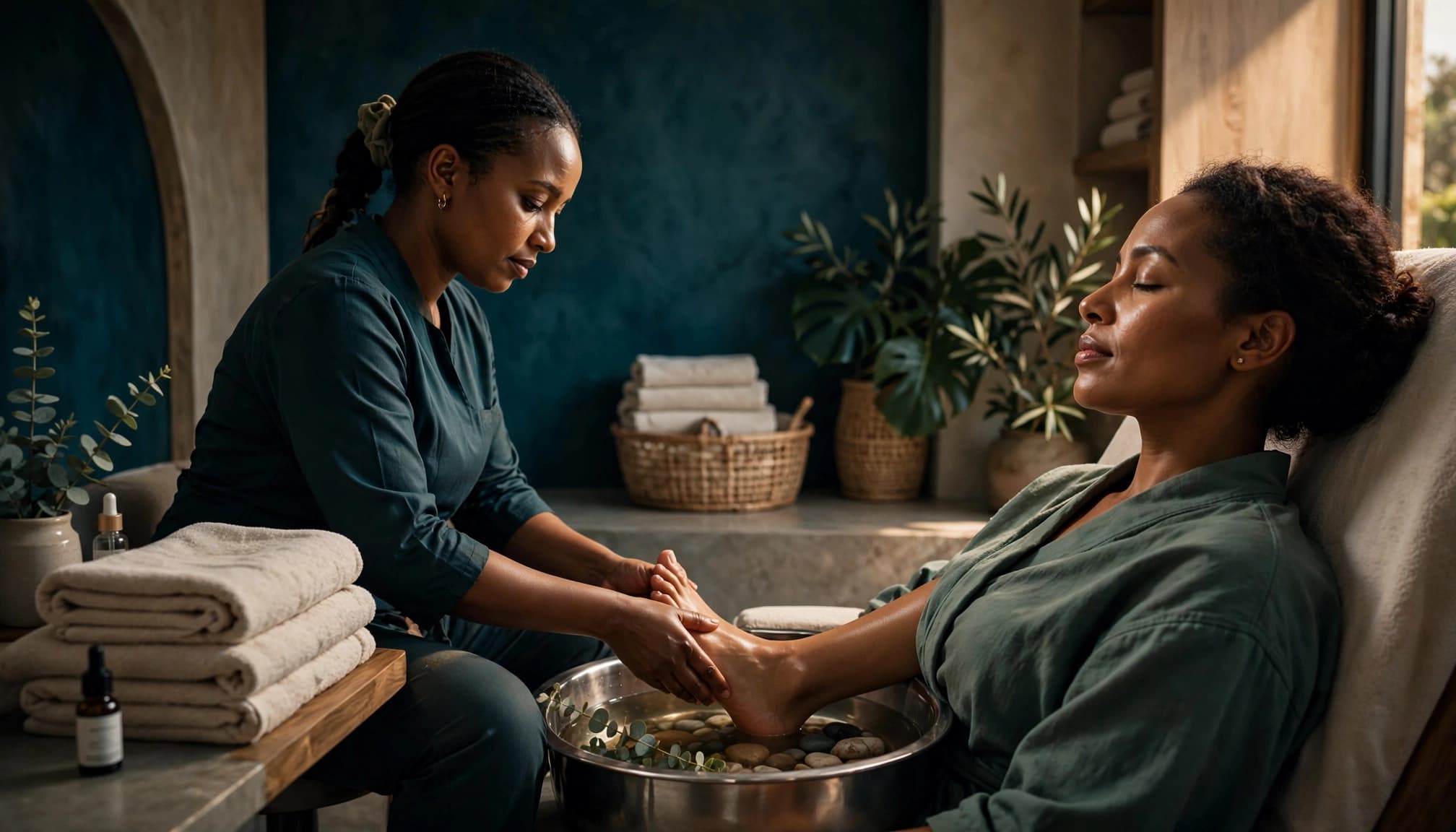 A therapist gives a woman a foot massage in a softly lit spa.