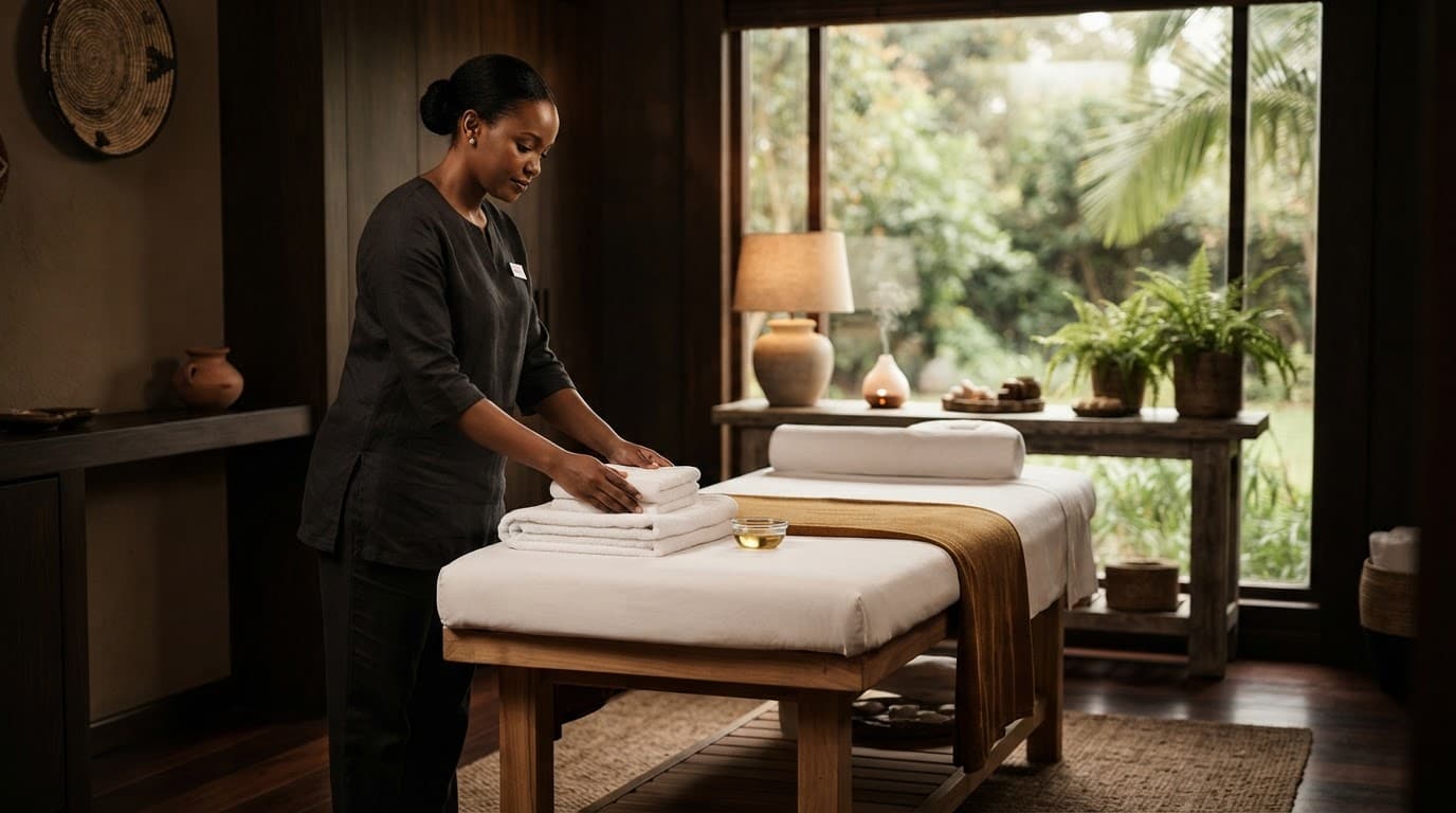 A wellness professional prepares a clean massage room with towels and plants.
