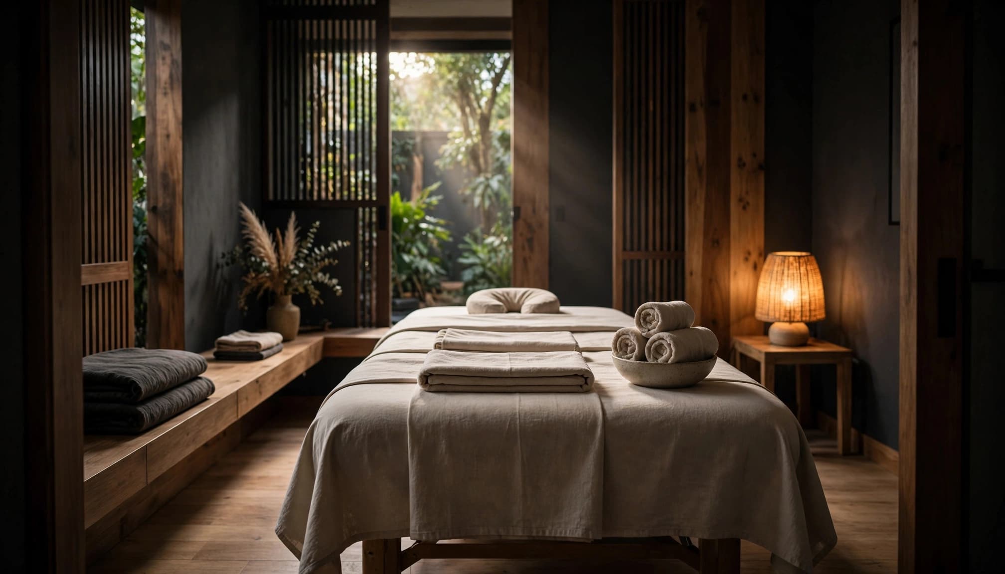 A prepared massage table, rolled towels, and glowing lamp in a quiet spa room.