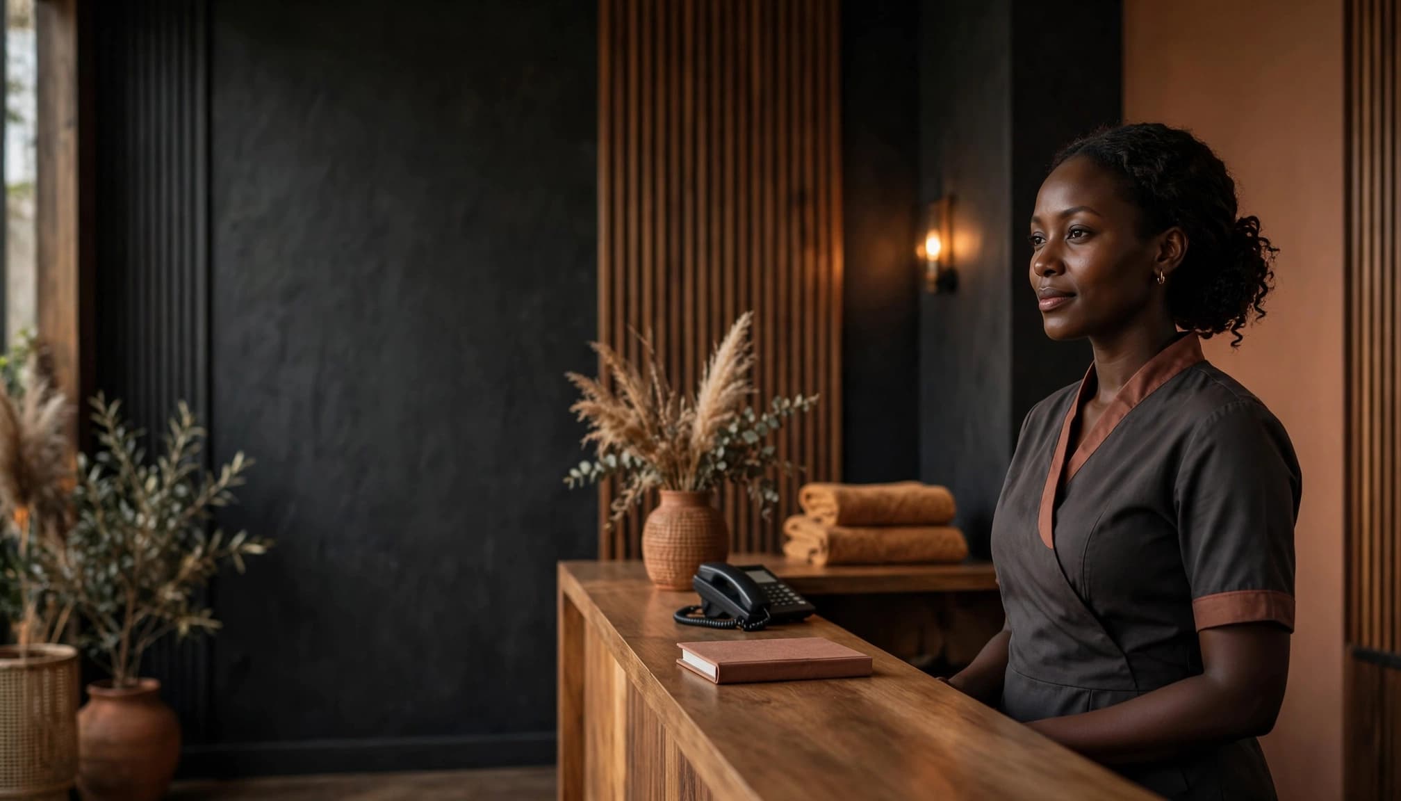 A wellness receptionist stands beside a spa counter with a guest book and phone.