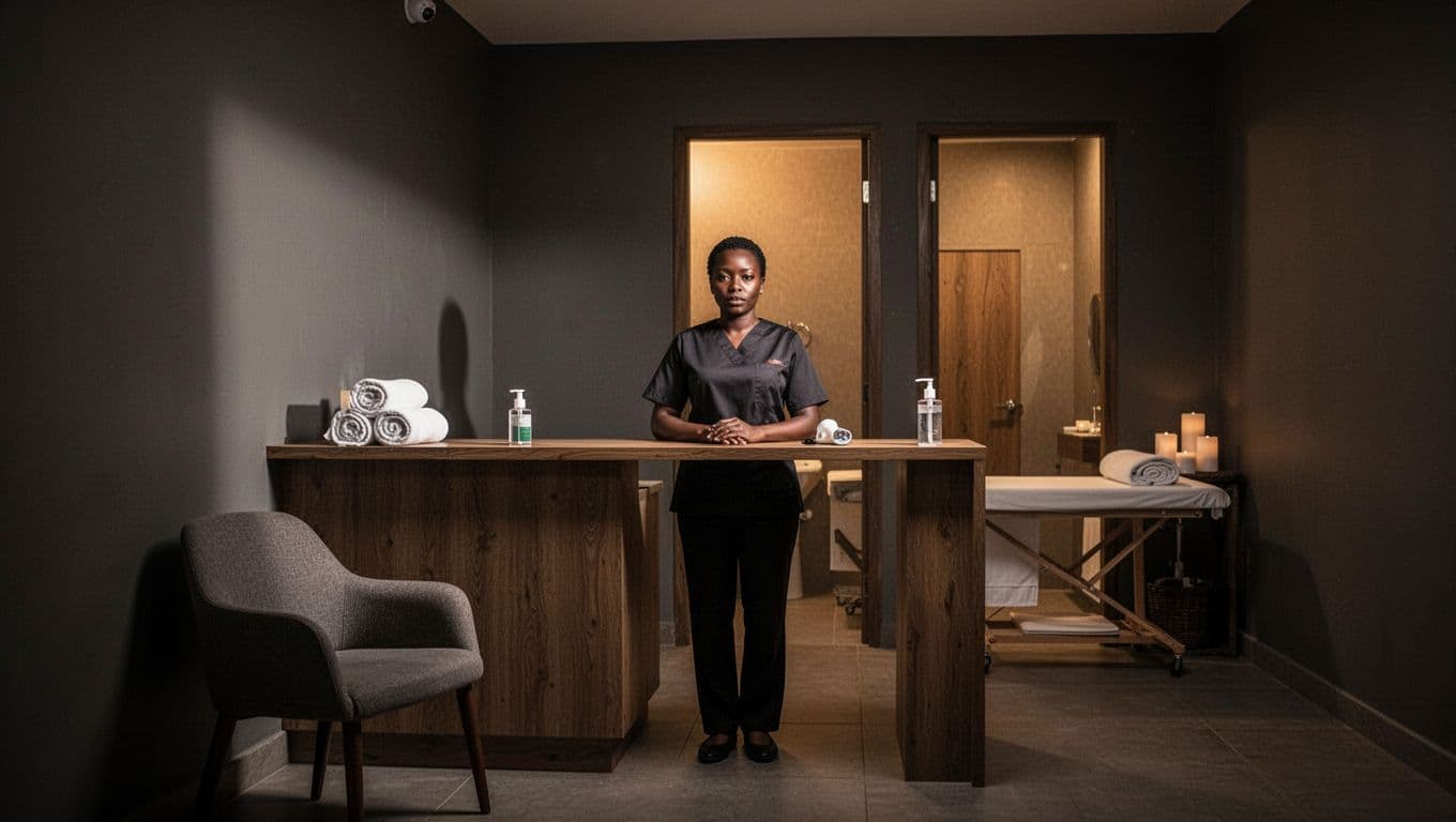 A receptionist at a spa counter with an empty chair, towels, sanitizer, and a treatment-room doorway.
