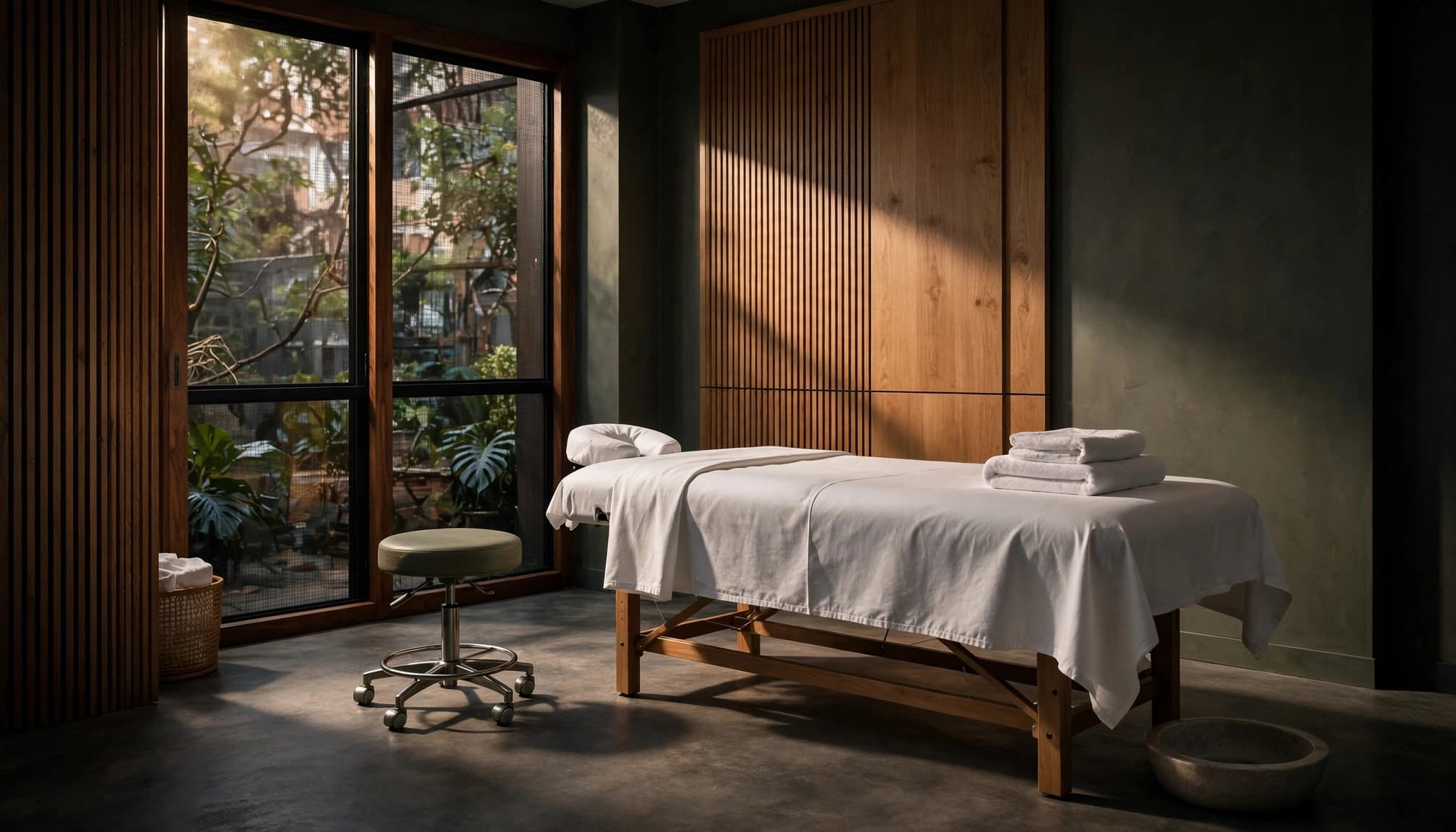A neatly prepared massage room with white linens, folded towels, and a small foot basin.