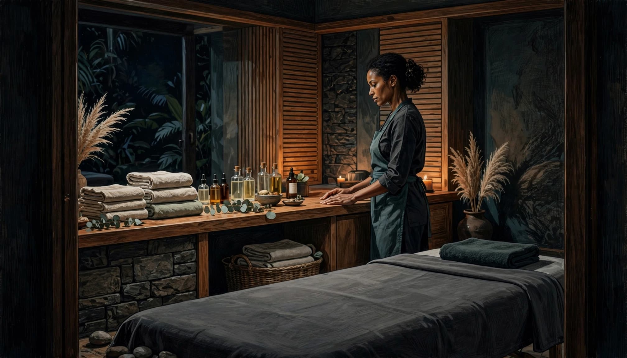 A therapist stands beside a prepared massage table in a softly lit spa.