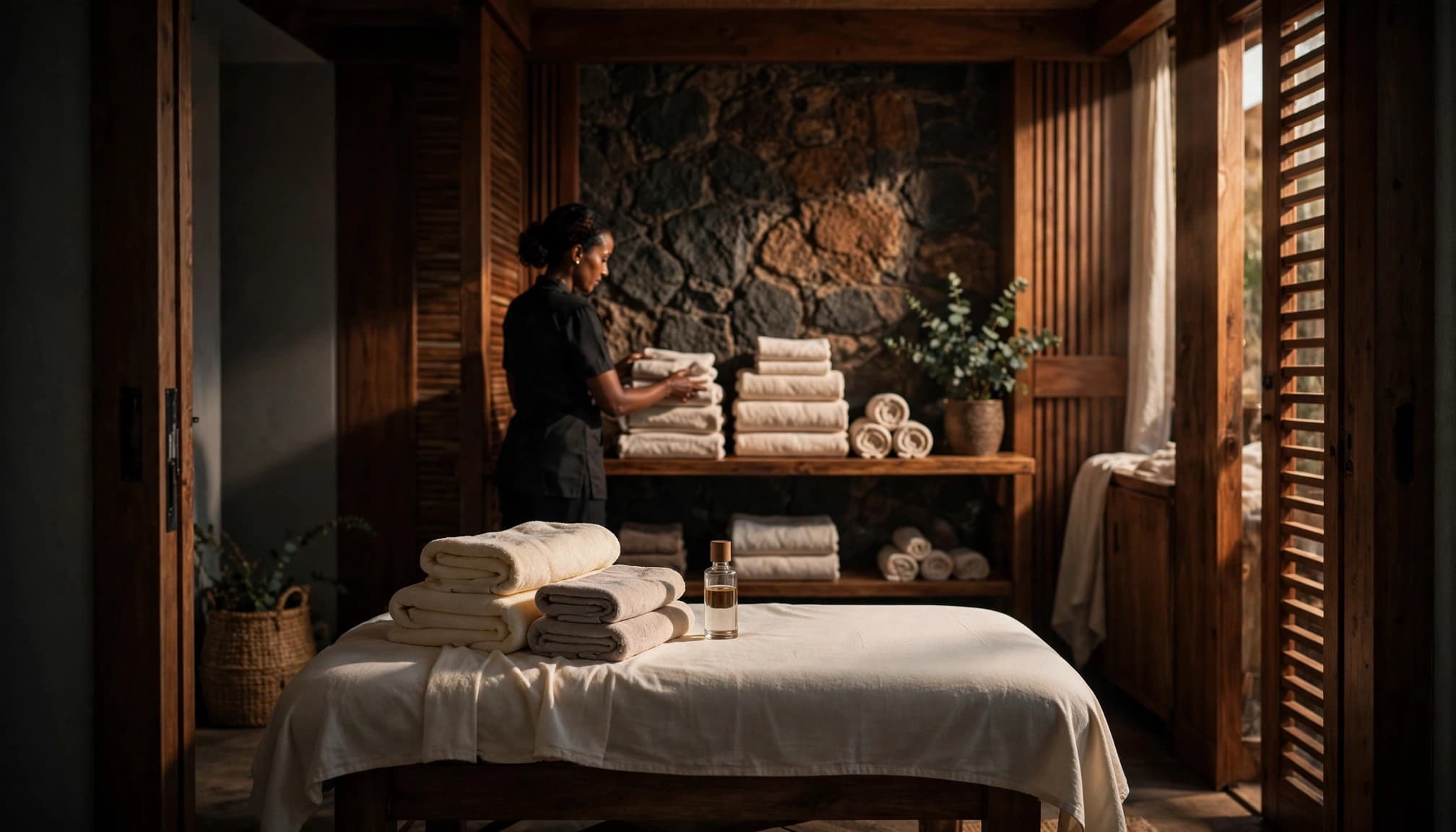 A therapist arranges towels beside a massage table in a warmly lit spa.
