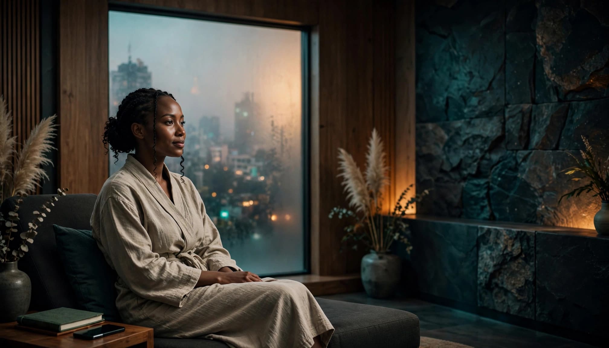 A Kenyan wellness professional seated in a warmly lit Nairobi spa reception area.