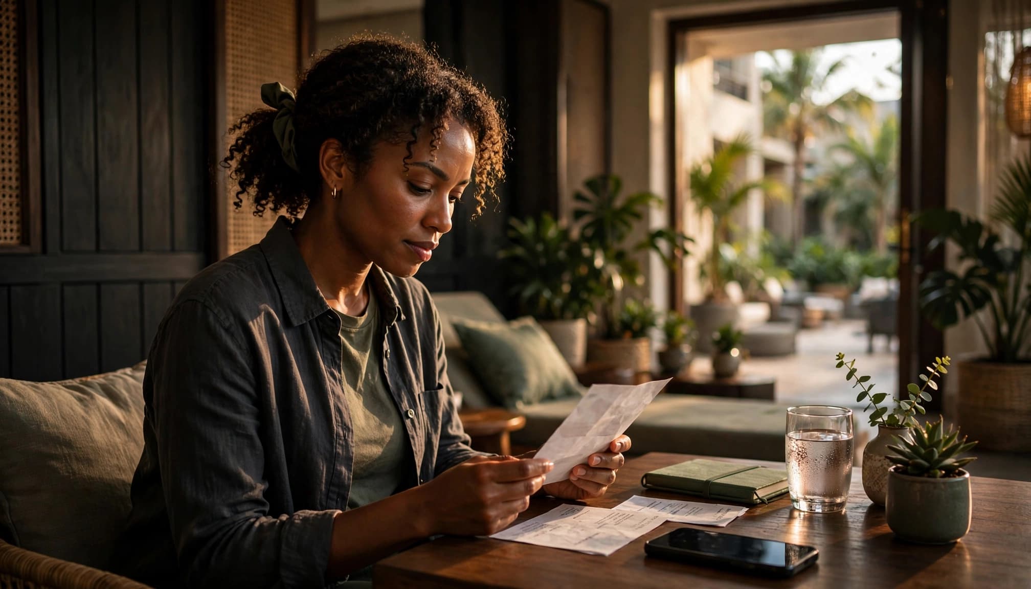 Woman reviewing an appointment card beside her phone in a bright wellness lounge.