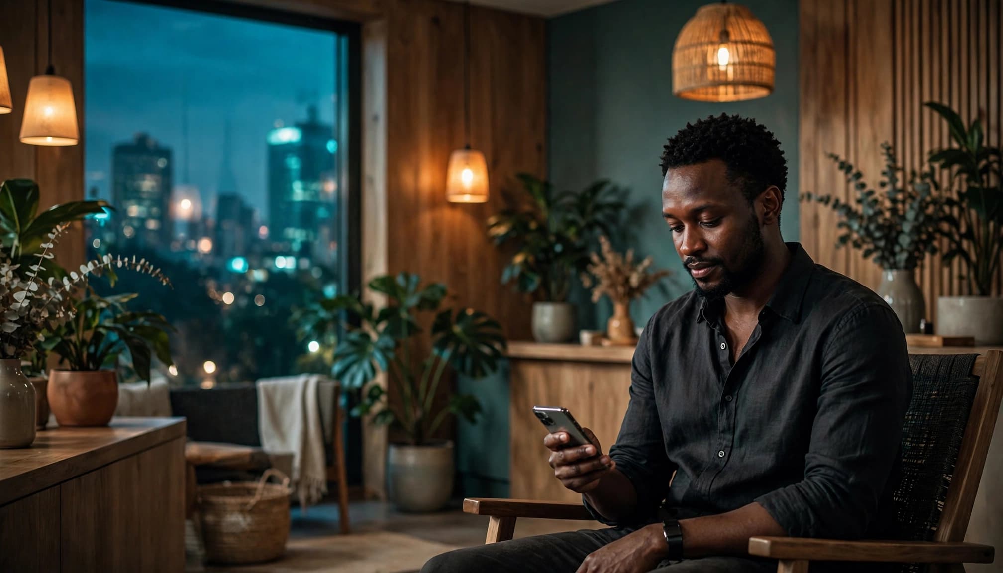 A man reviews a booking on his phone in a warmly lit wellness reception.