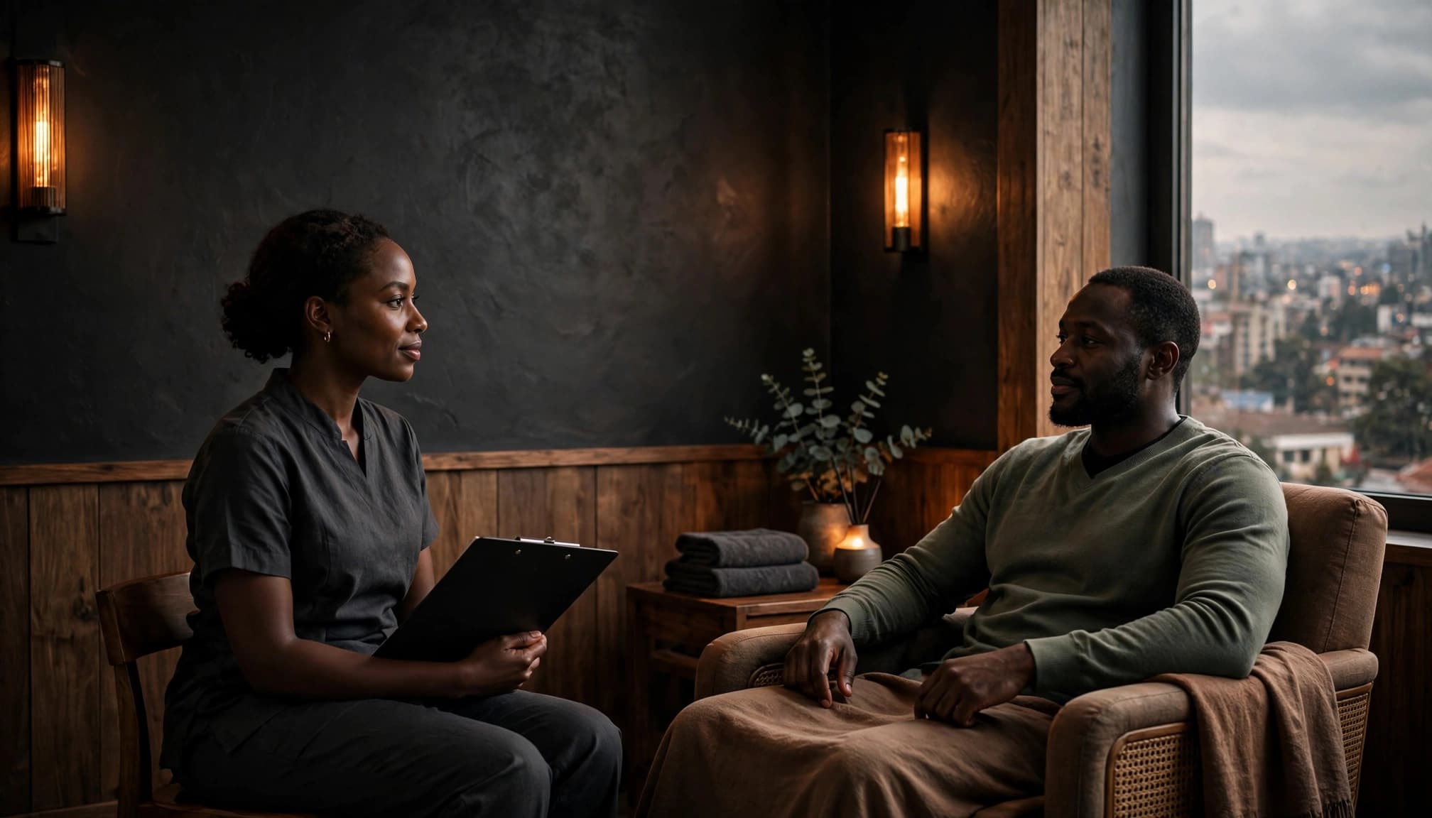 A therapist and client discuss wellness in a warmly lit Nairobi spa room.