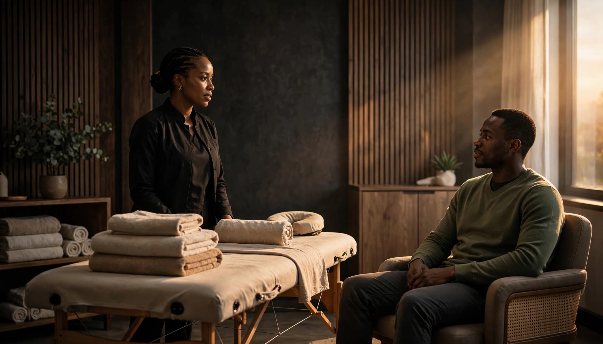 A therapist talks with a seated client beside a prepared massage table.
