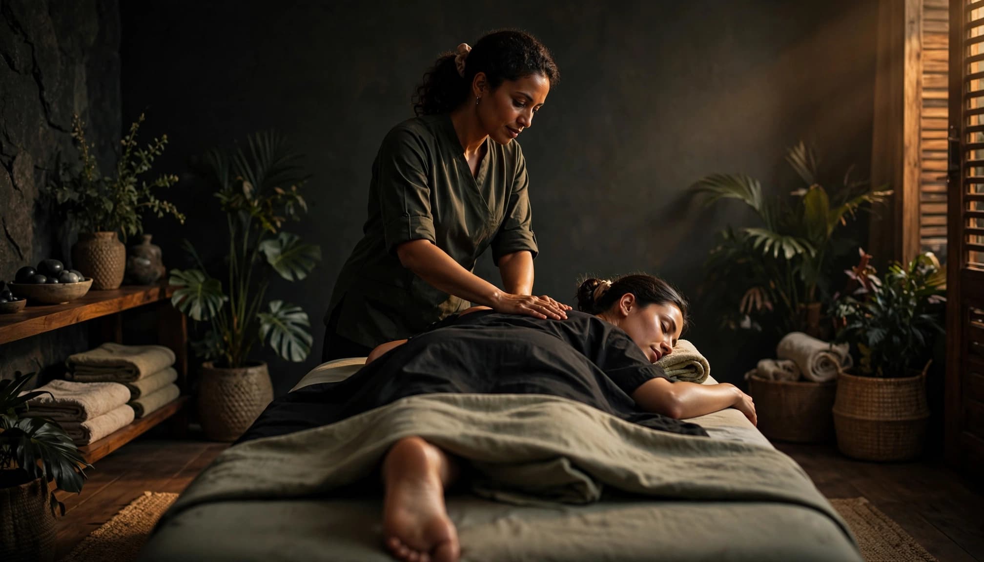 A therapist gives a fully draped client a massage in a softly lit spa room.