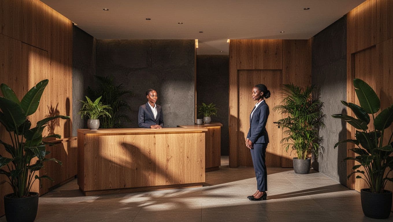 A receptionist and client in a warmly lit Nairobi wellness reception.