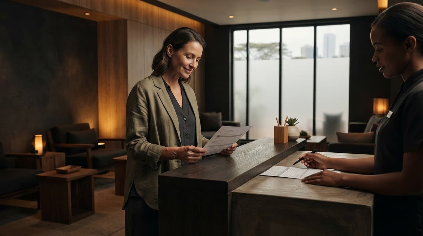 A client reviews a booking paper at a modern wellness reception desk.