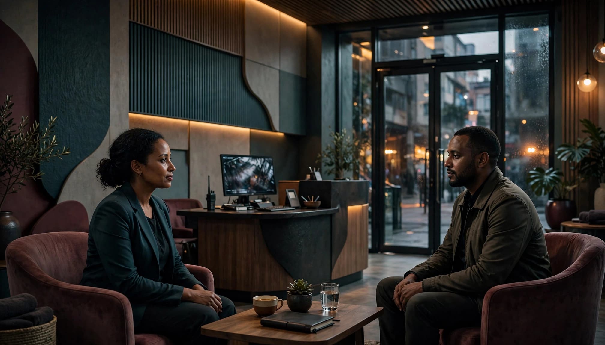 Two adults sit apart in a warmly lit wellness reception near a security desk.