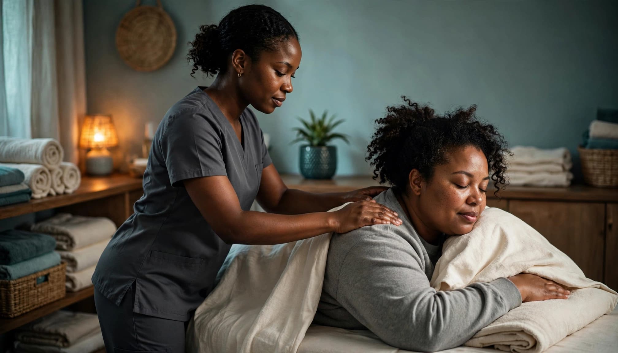 A therapist gives a shoulder massage to a covered client in a calm treatment room.