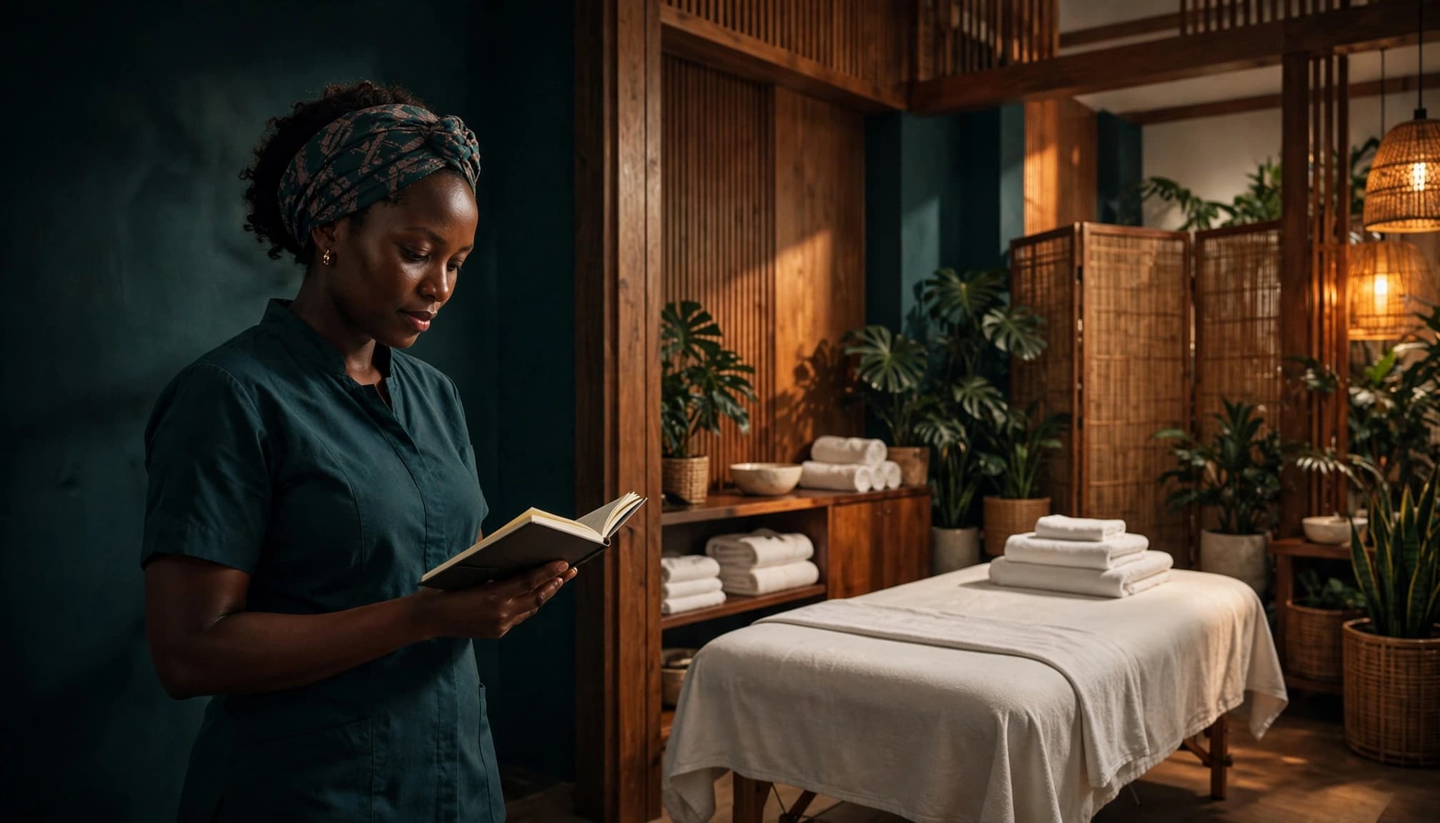A spa professional checks a notebook beside a tidy massage room.