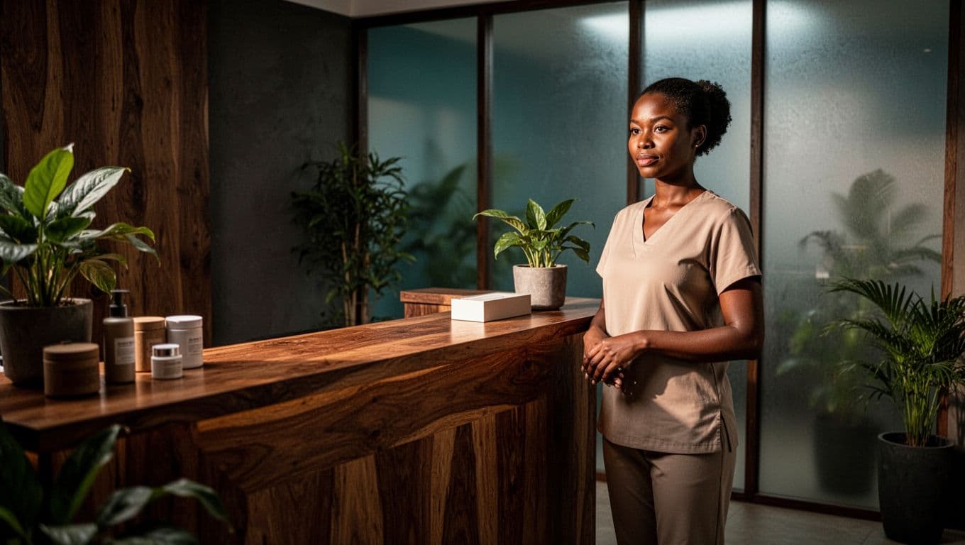 A wellness professional stands beside a reception desk in a softly lit studio.