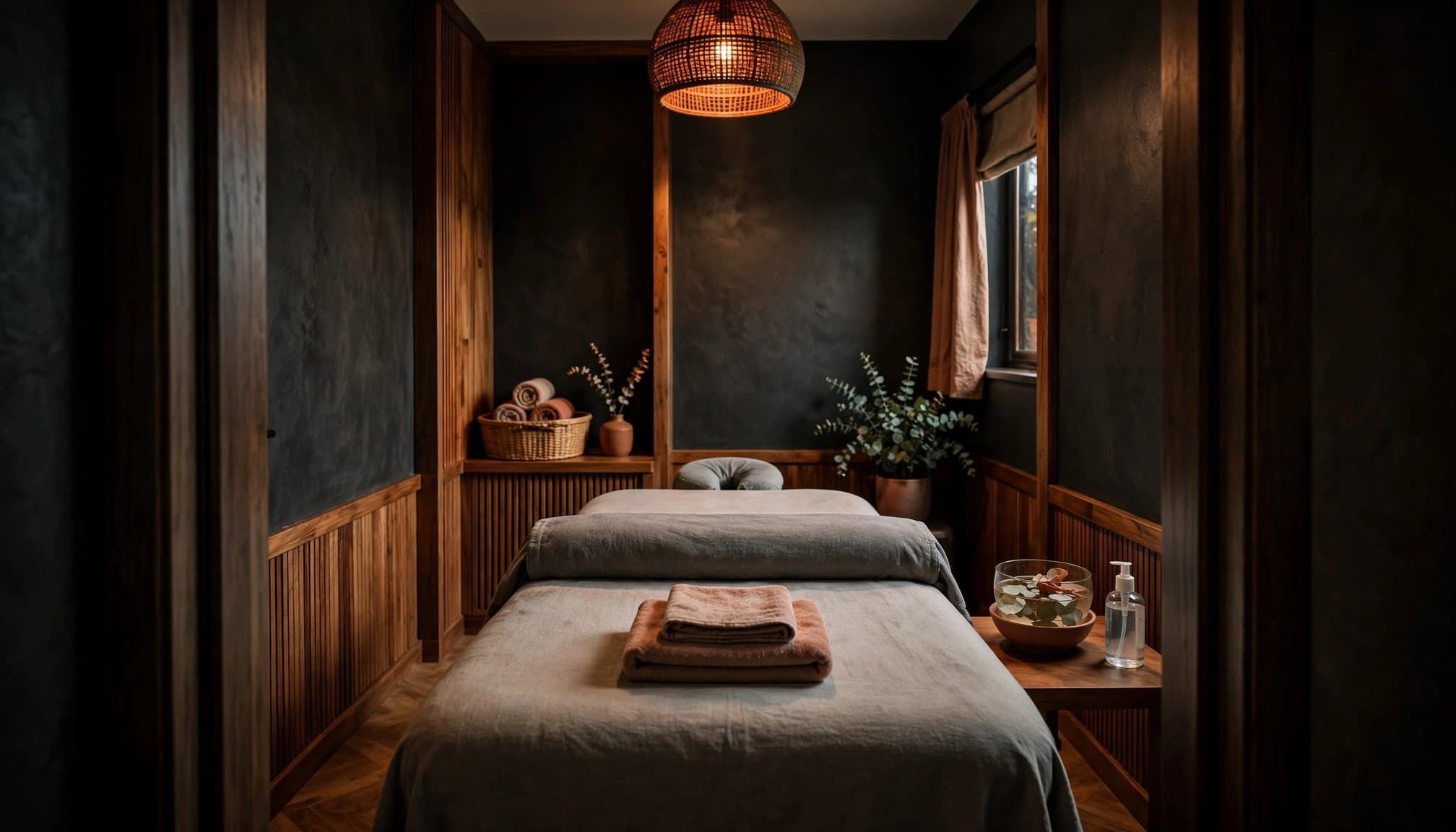 A clean massage room with a centered table, folded towels, bowl, and hand sanitizer.