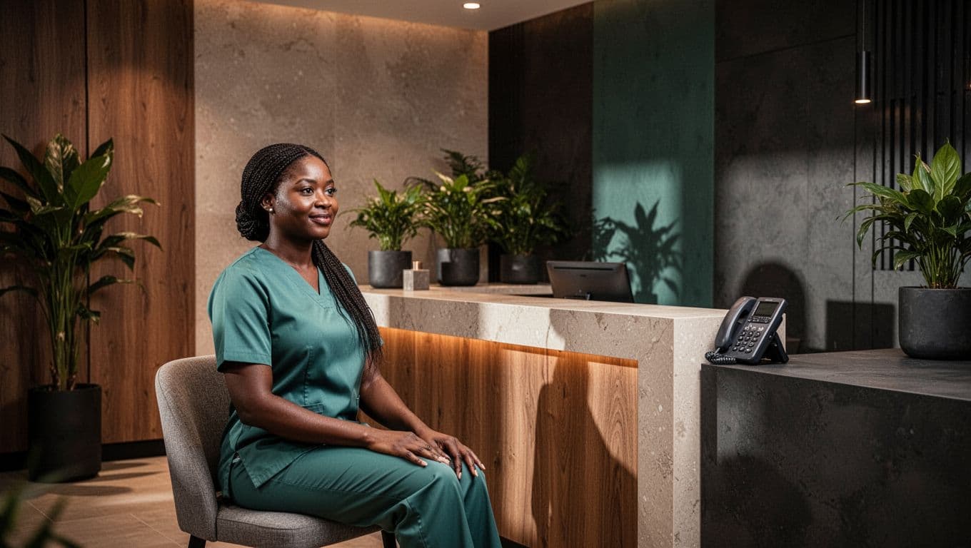 A wellness professional seated in a calm spa reception beside a phone on the counter.