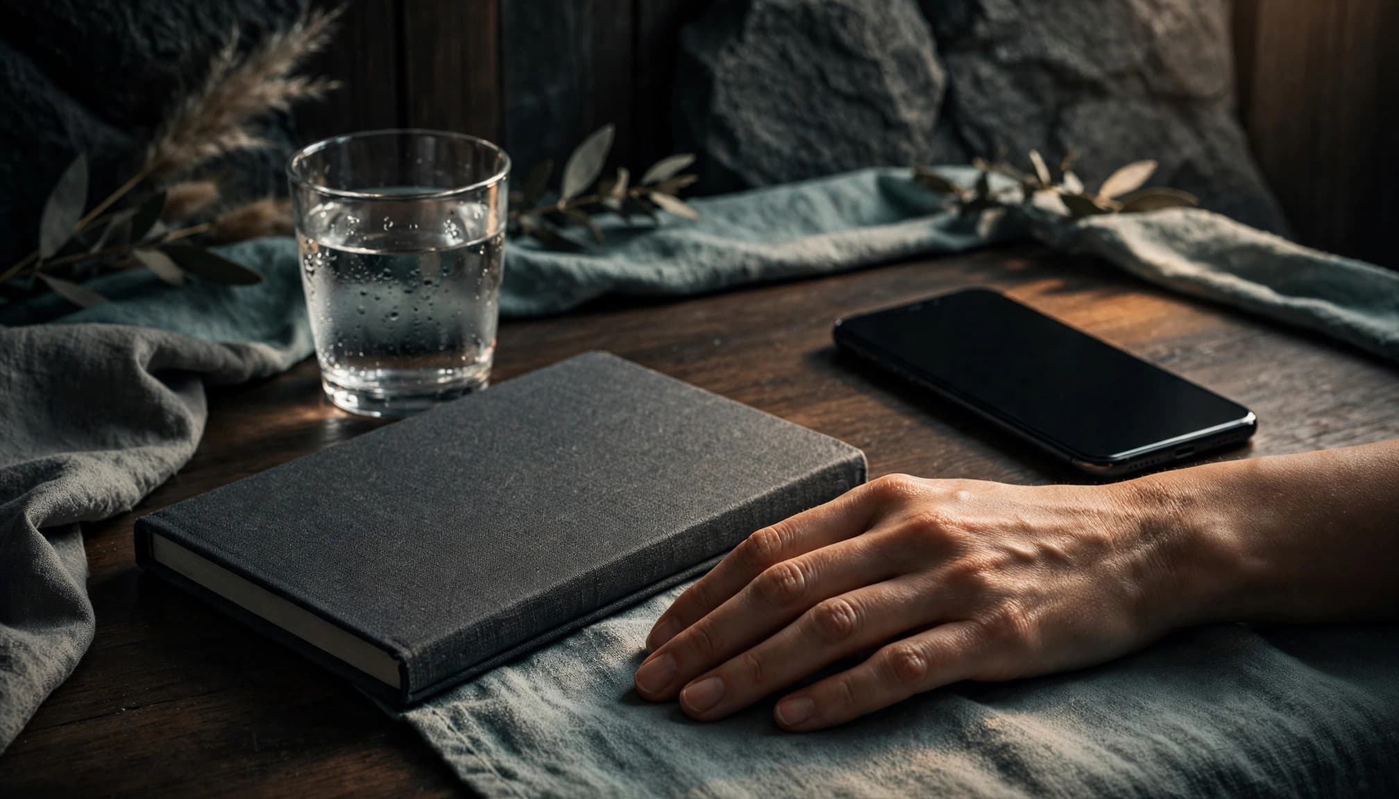 A woman's hand beside a notebook, water glass, and face-down phone.
