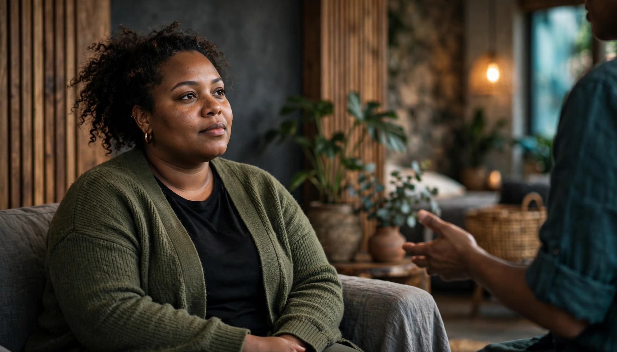 A plus-size client sits comfortably during a private spa consultation.