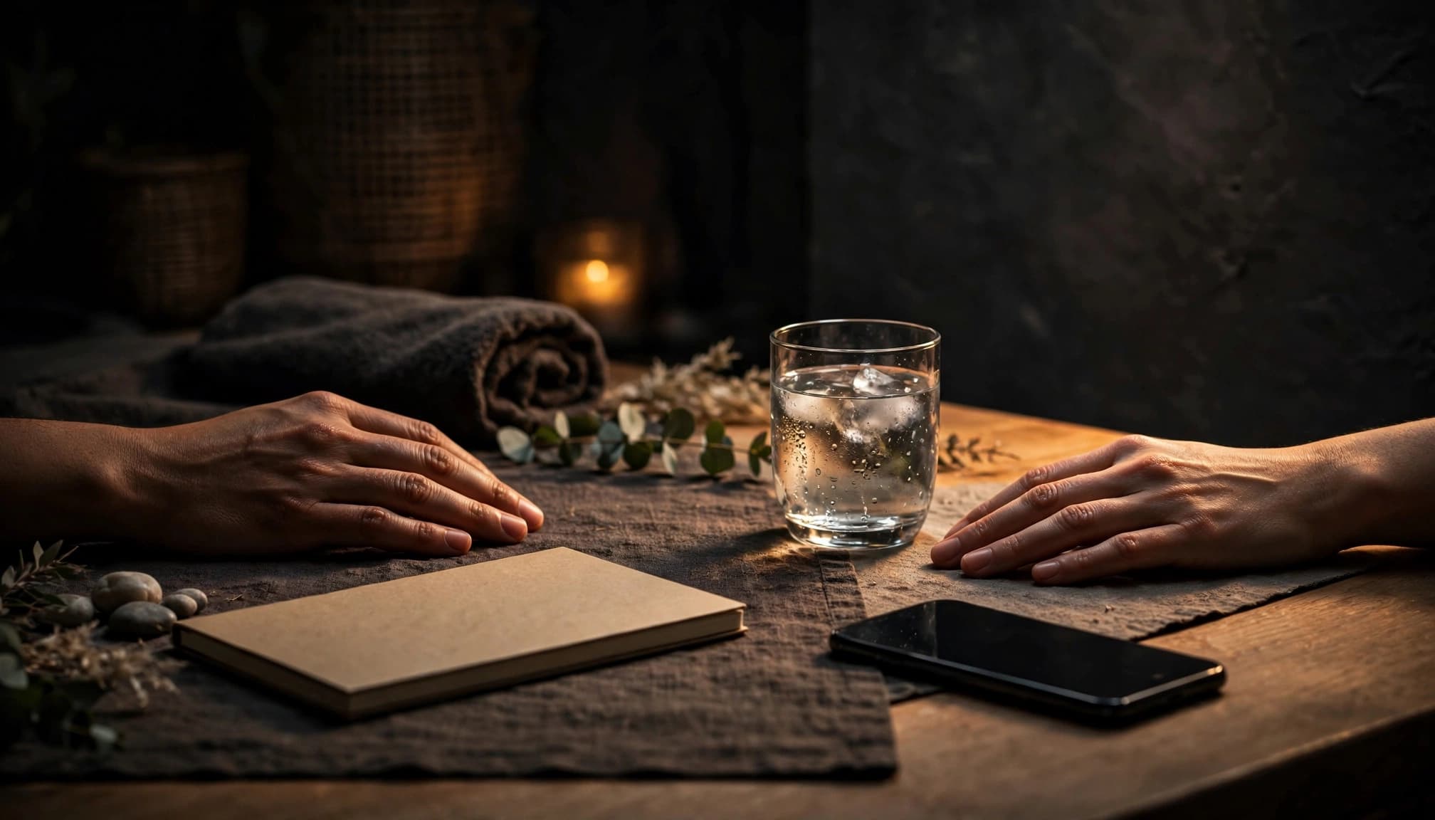 Two separate hands rest beside a blank notebook, water glass, and face-down phone.