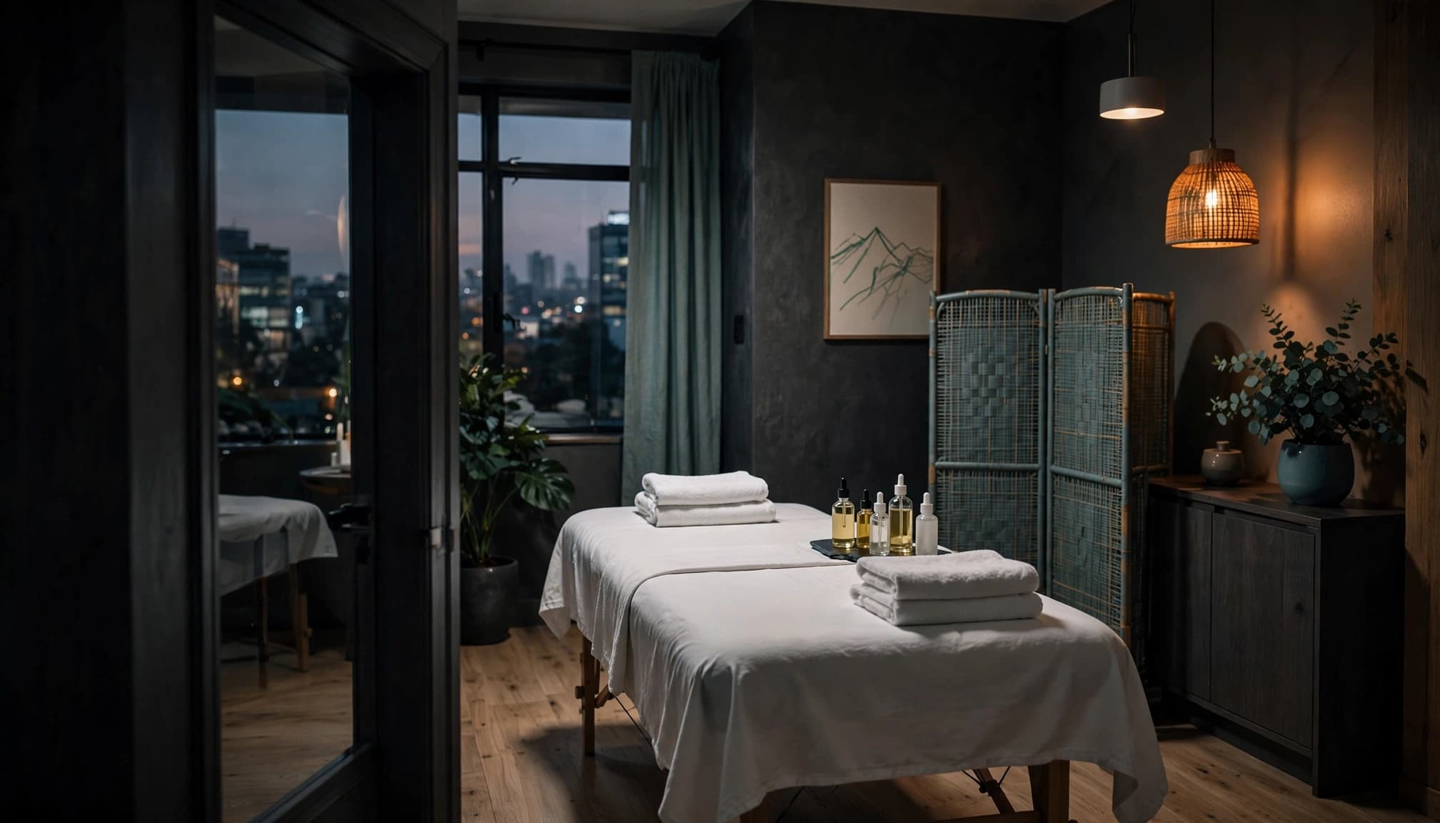A clean massage room with a centered table, towels, oils, and a privacy screen.
