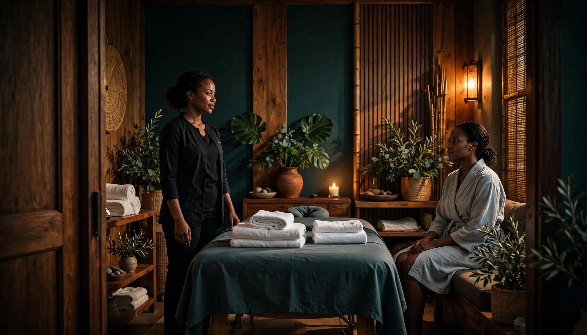 Massage therapist preparing a calm treatment room beside a covered table.