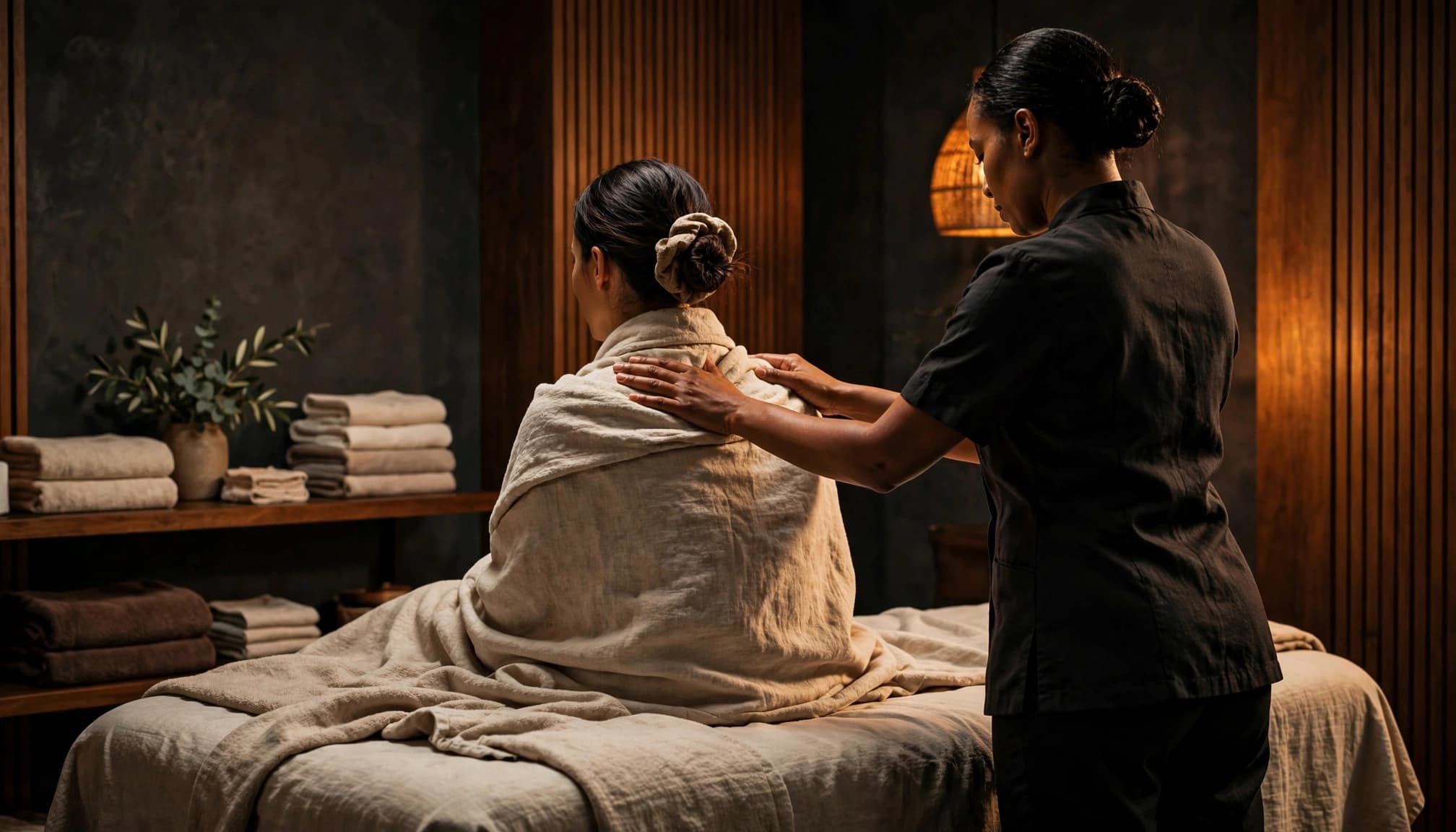 A therapist gives a shoulder massage to a draped woman in a warm, modern spa room.