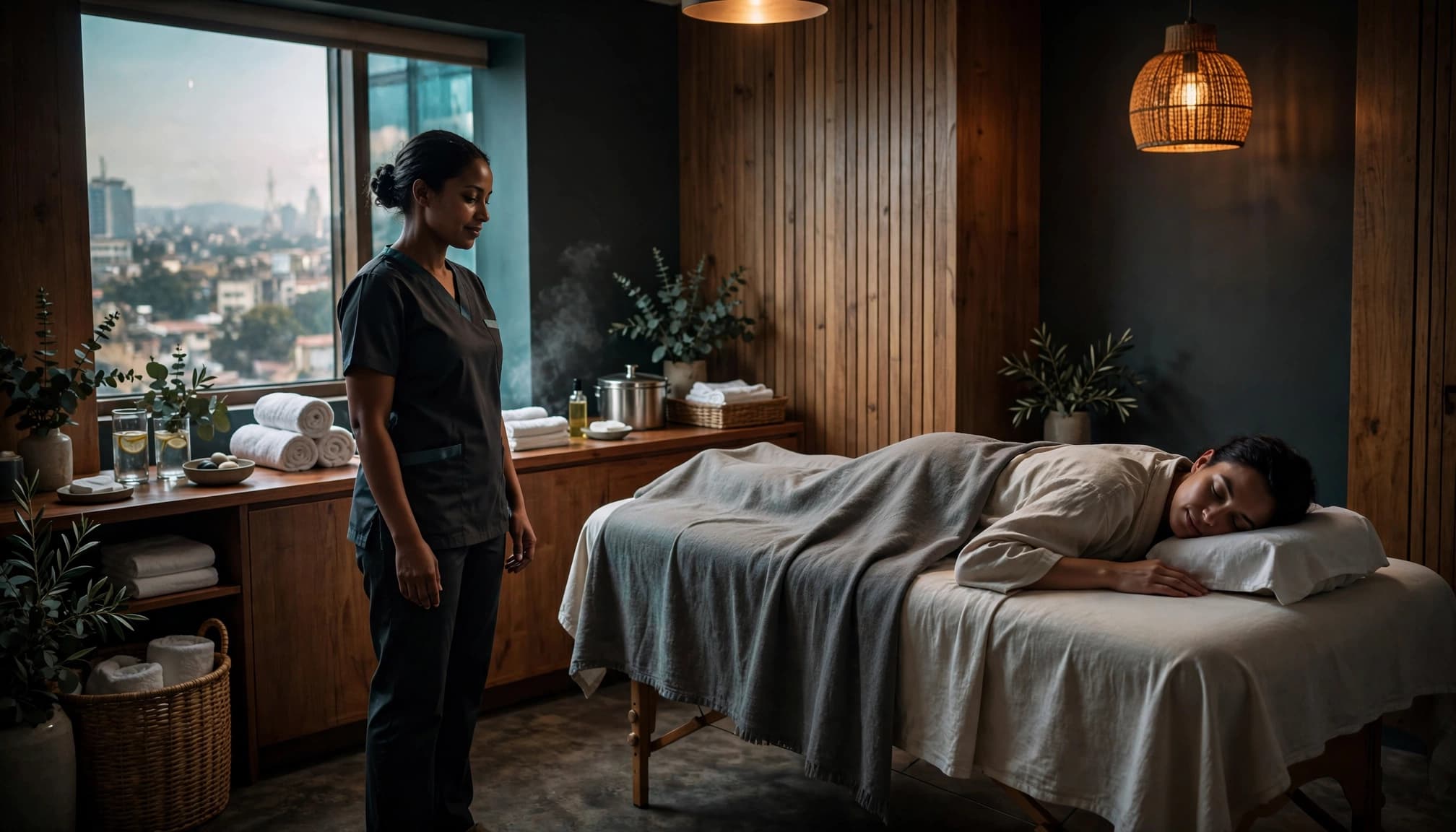 A covered client receives a professional massage in a clean Nairobi spa room.