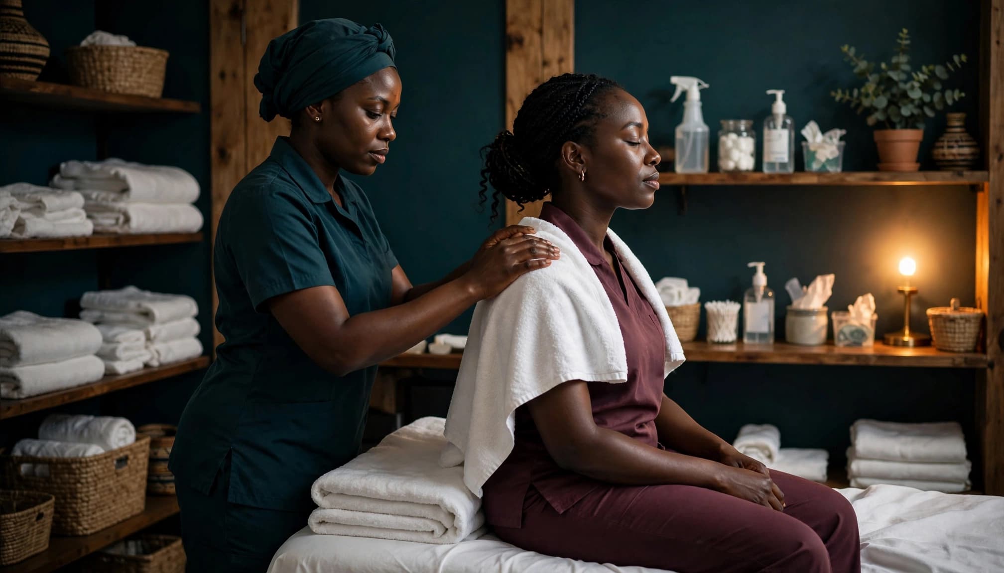 A clothed therapist gives a shoulder massage in a clean spa treatment room.