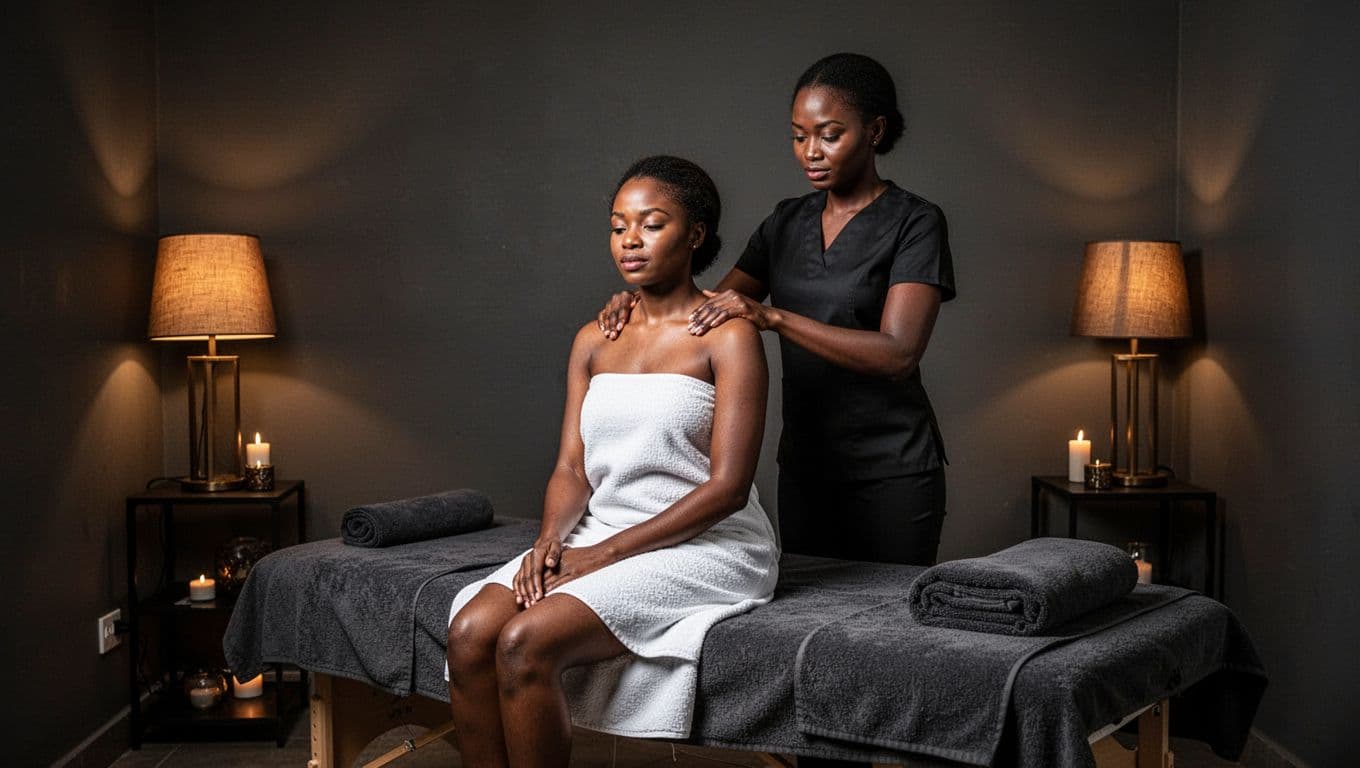 A clothed therapist gives a woman a shoulder massage in a warmly lit spa room.