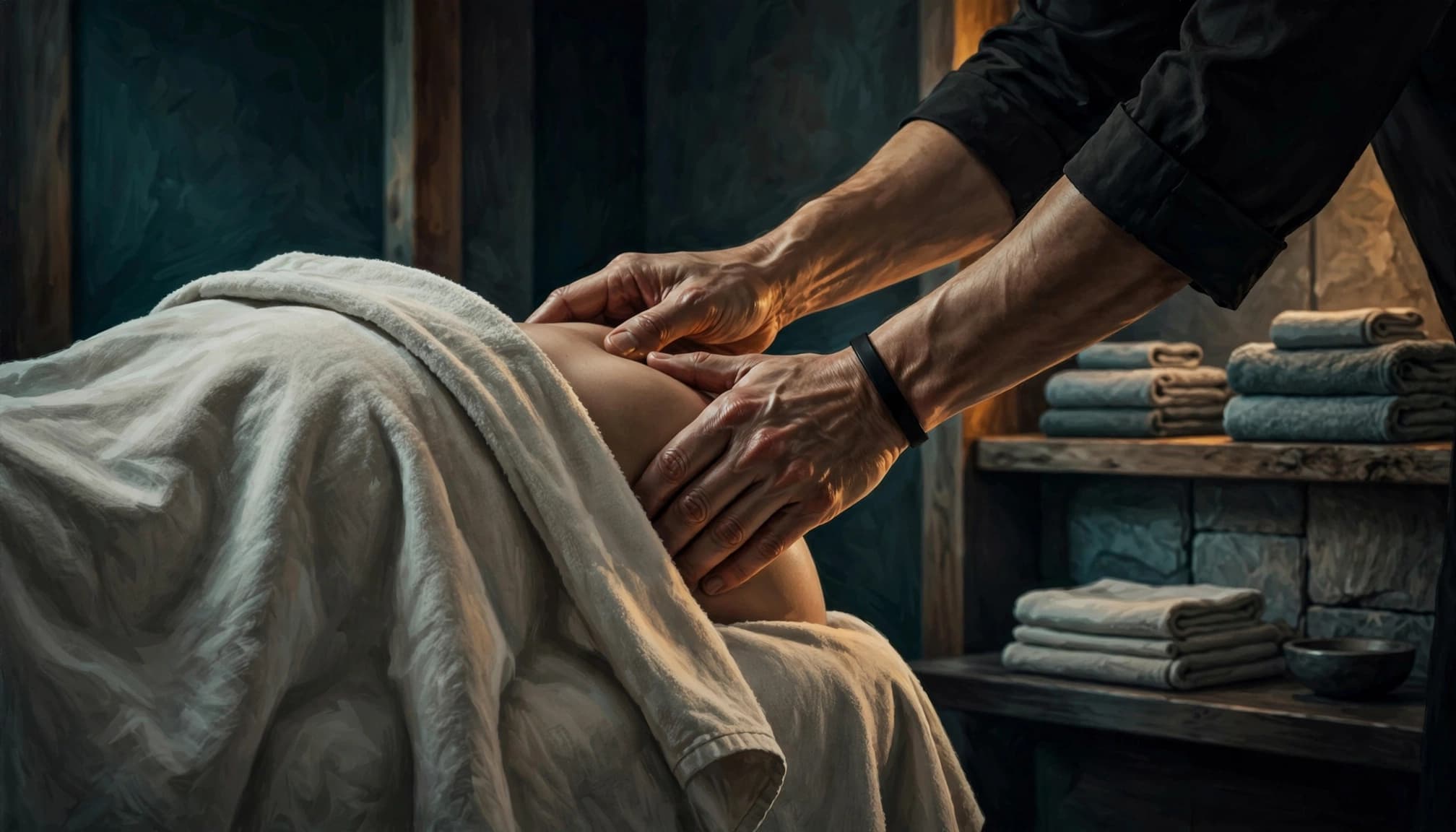 A therapist massages the towel-covered shoulders of a client in a calm spa room.