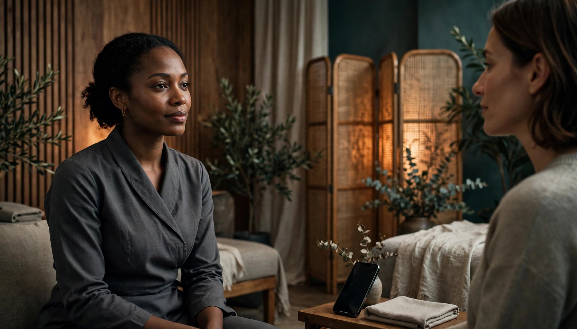 A wellness professional speaks with a client in a softly lit private studio.