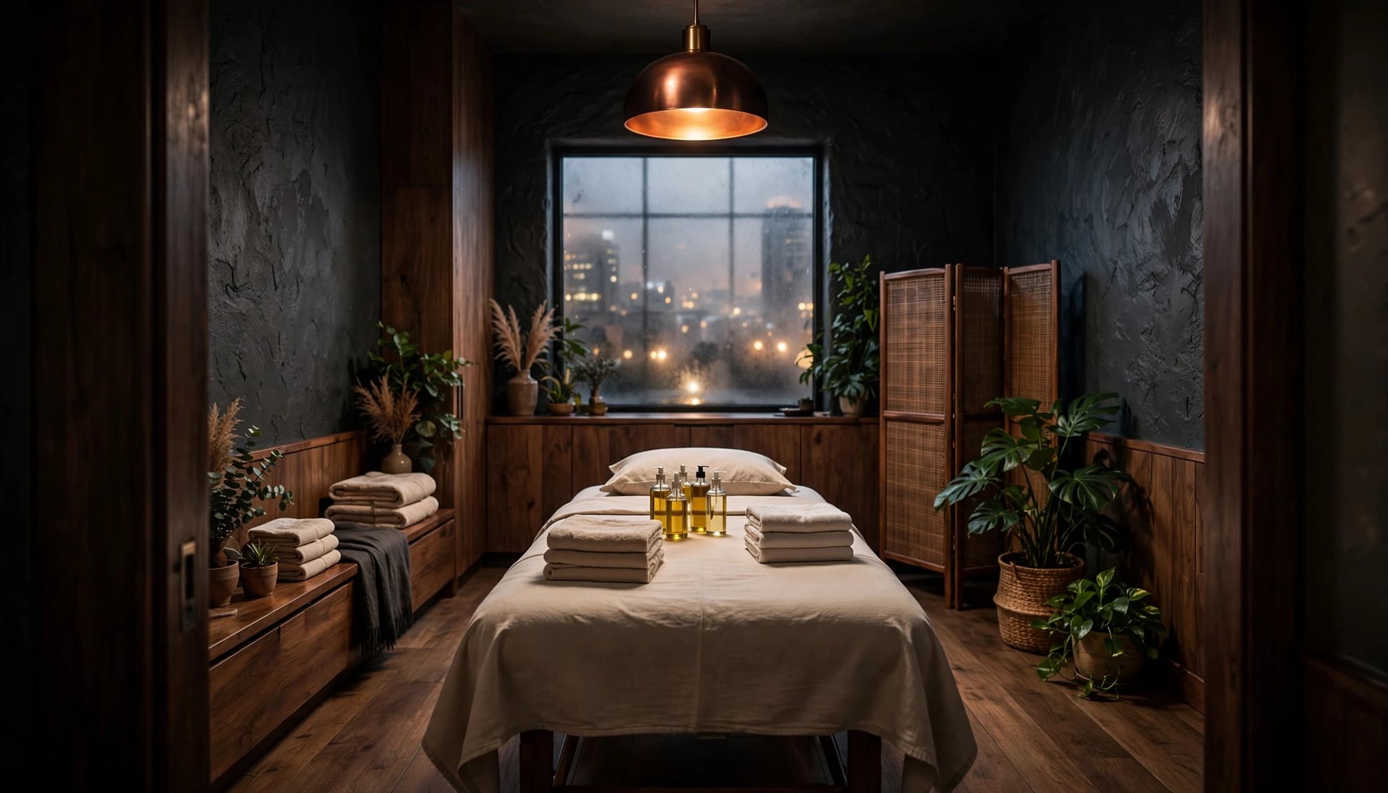 A tidy massage room with a prepared table, towels, oils, plants, and a privacy screen.